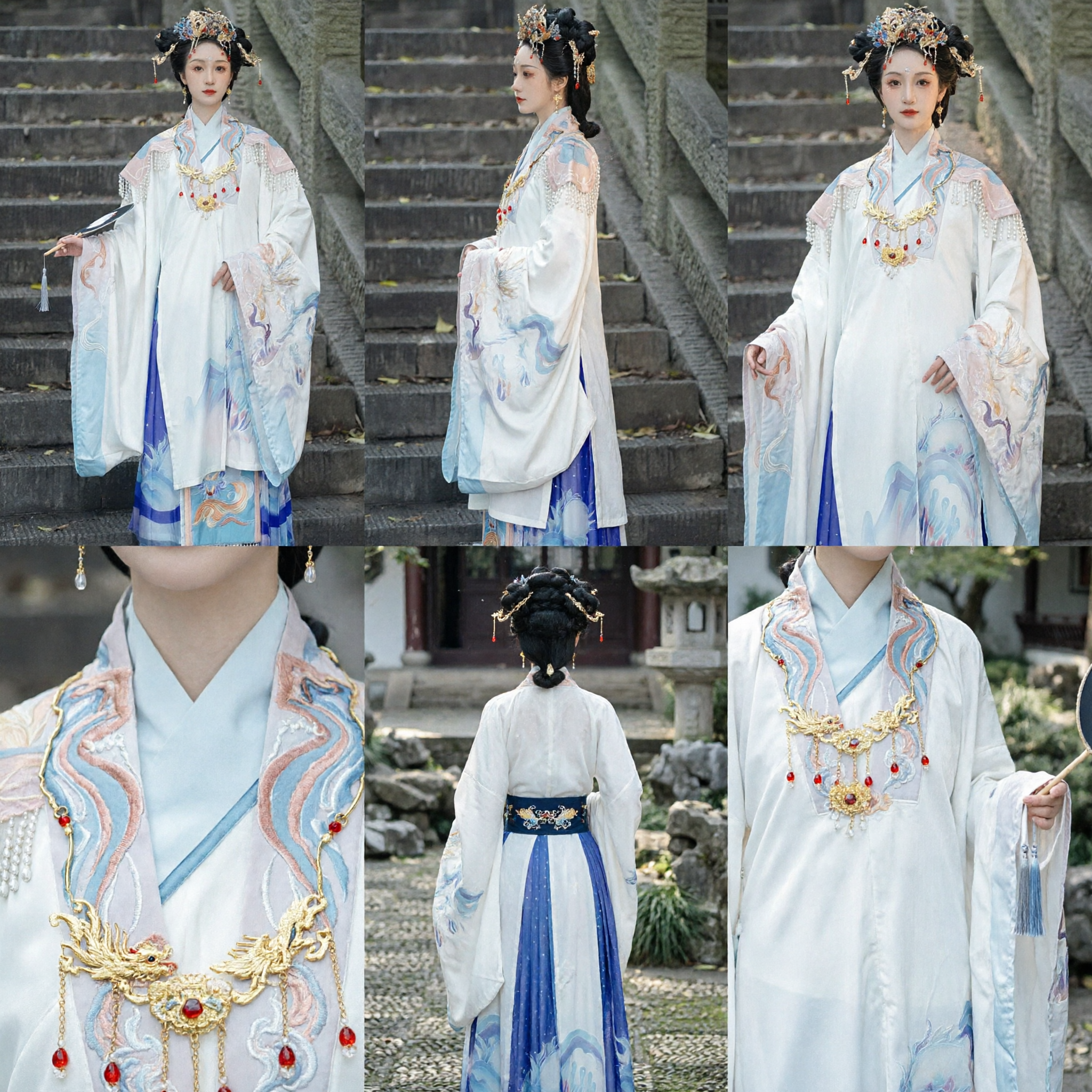 Traditional Chinese Hanfu Ancient Costume Embroidered White Dress with Wide Sleeves for Women Historical Cosplay