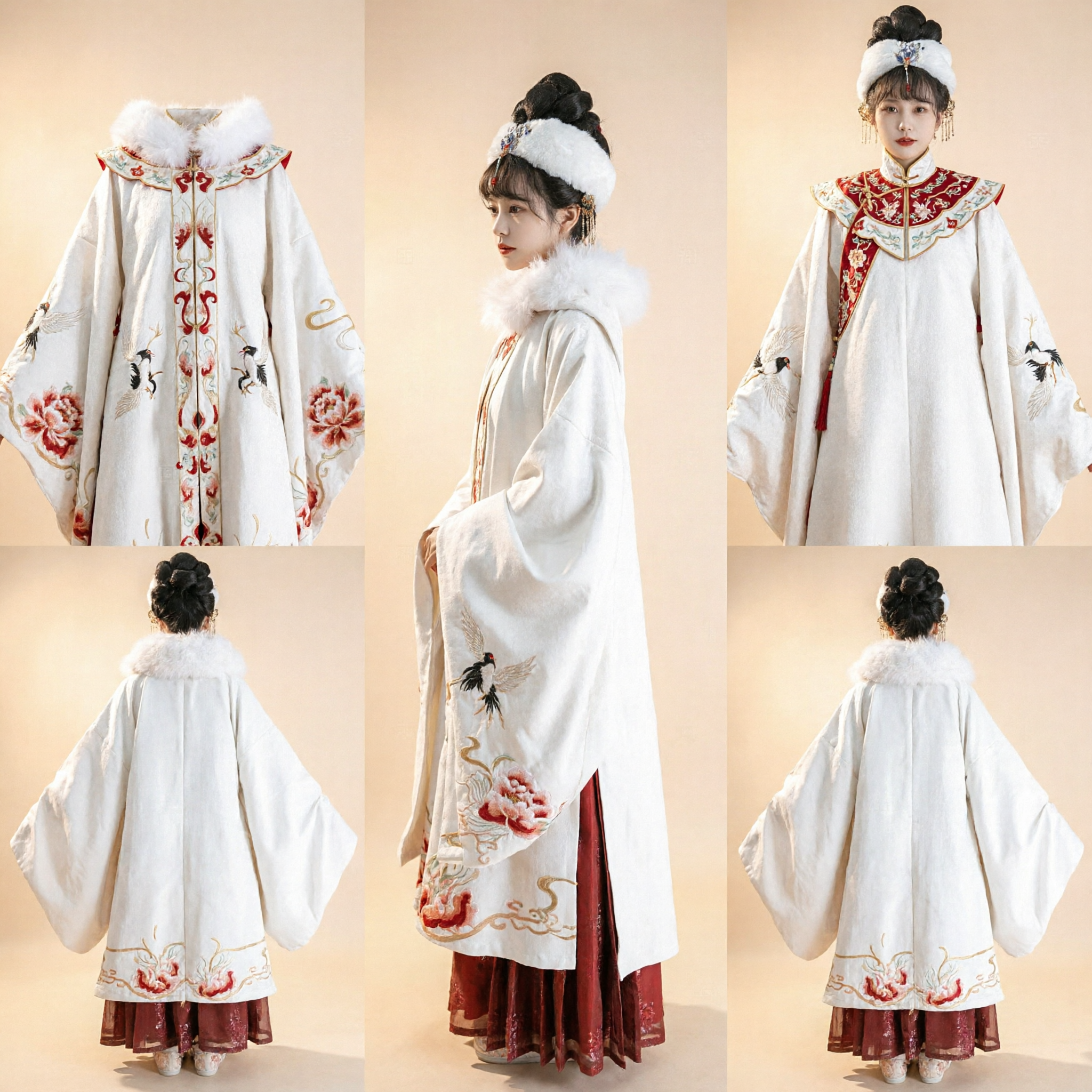 Chinese Traditional Hanfu White Winter Cloak with Fur Collar and Red Crane Embroidery for Women