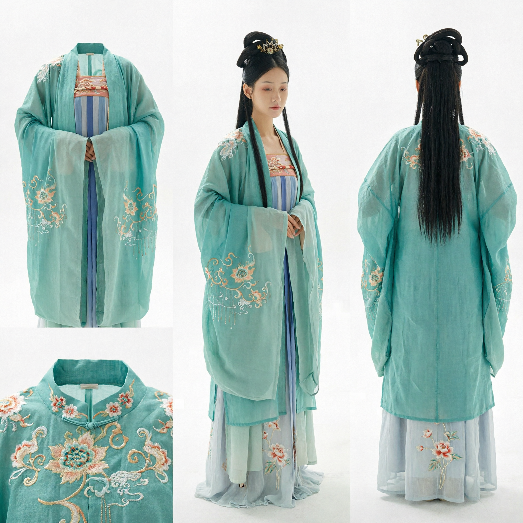 Elegant Traditional Chinese Hanfu Ancient Tang Dynasty Embroidered Teal Robe Costume for Women
