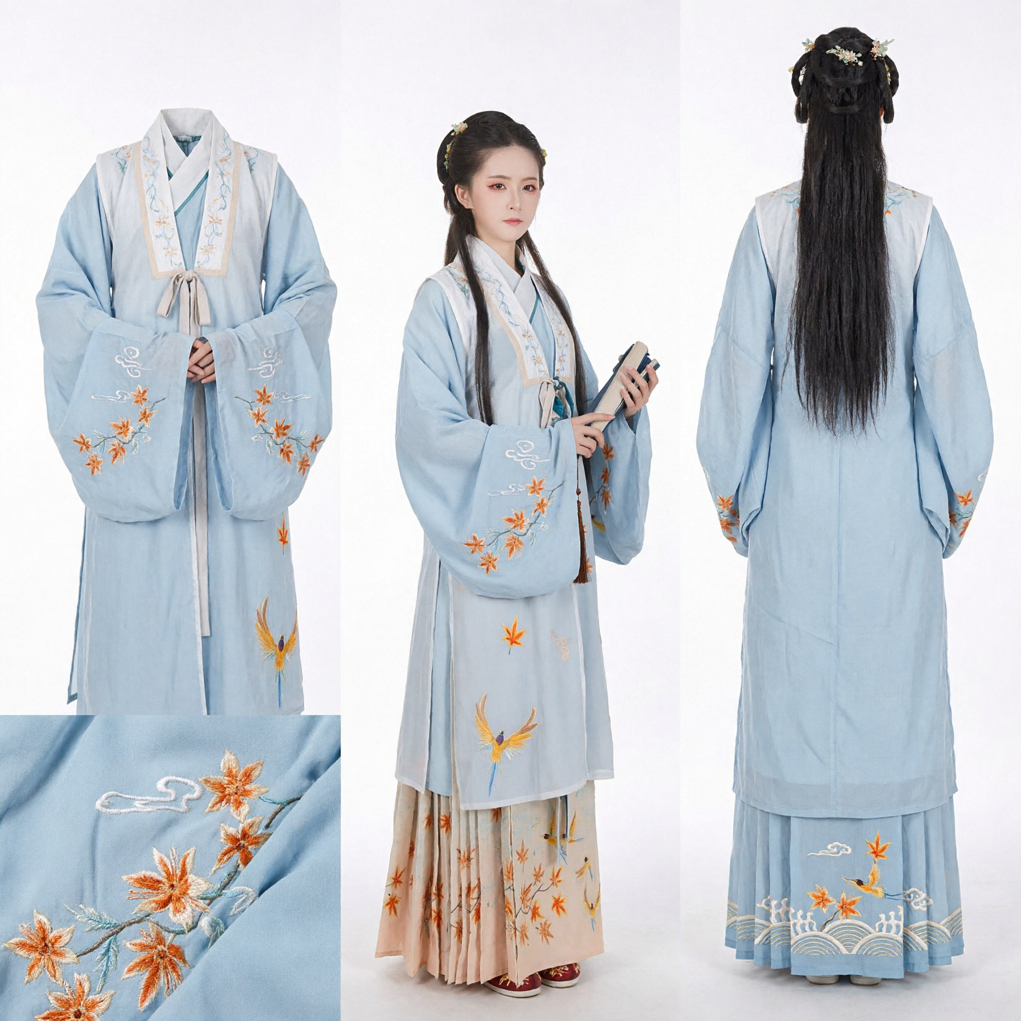 Traditional Chinese Hanfu Dress Blue Embroidered Maple Leaf Ancient Costume for Women Cosplay Performance