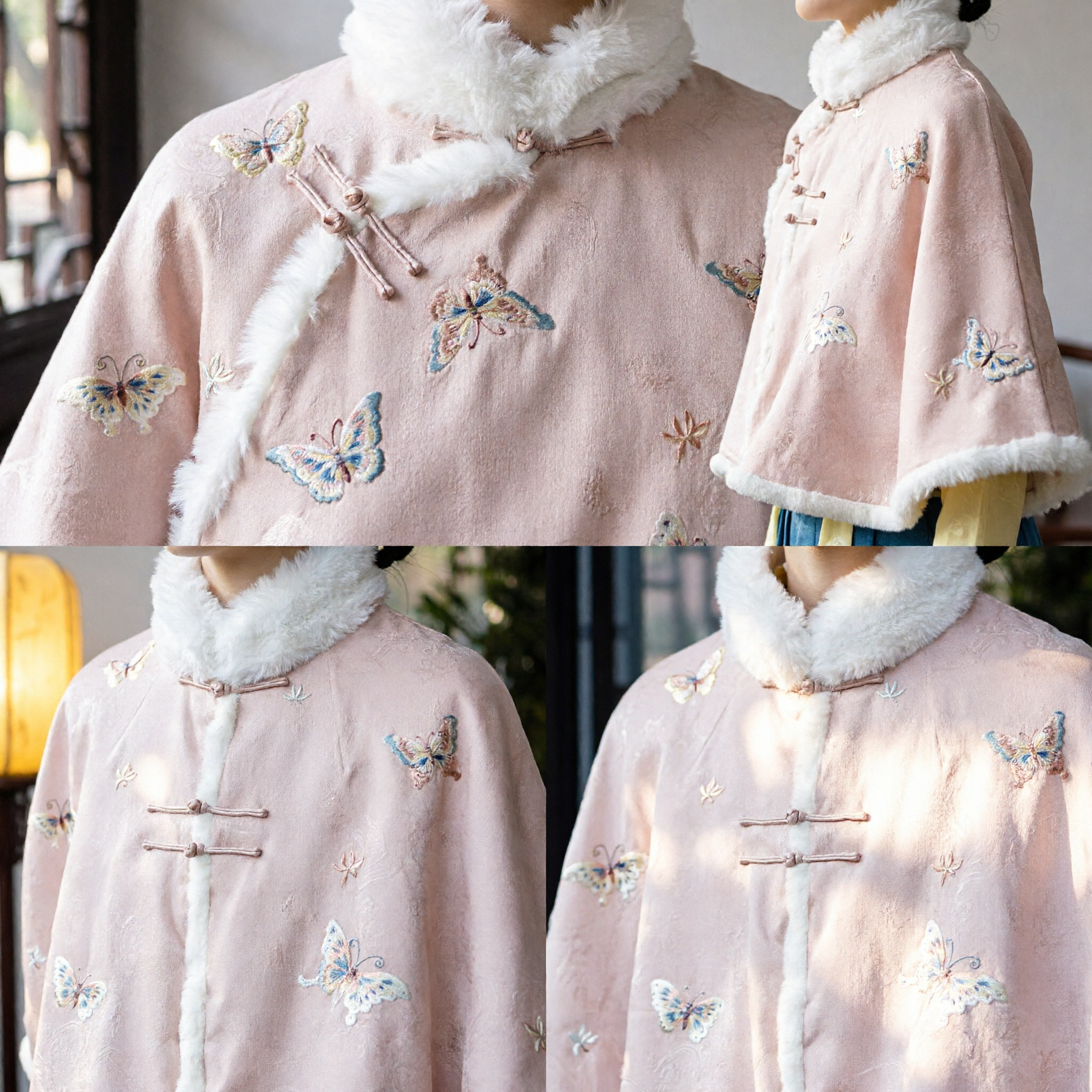 Pink Chinese Traditional Hanfu Winter Cape with Fur Collar Butterfly Embroidery Cloak for Women and Girls