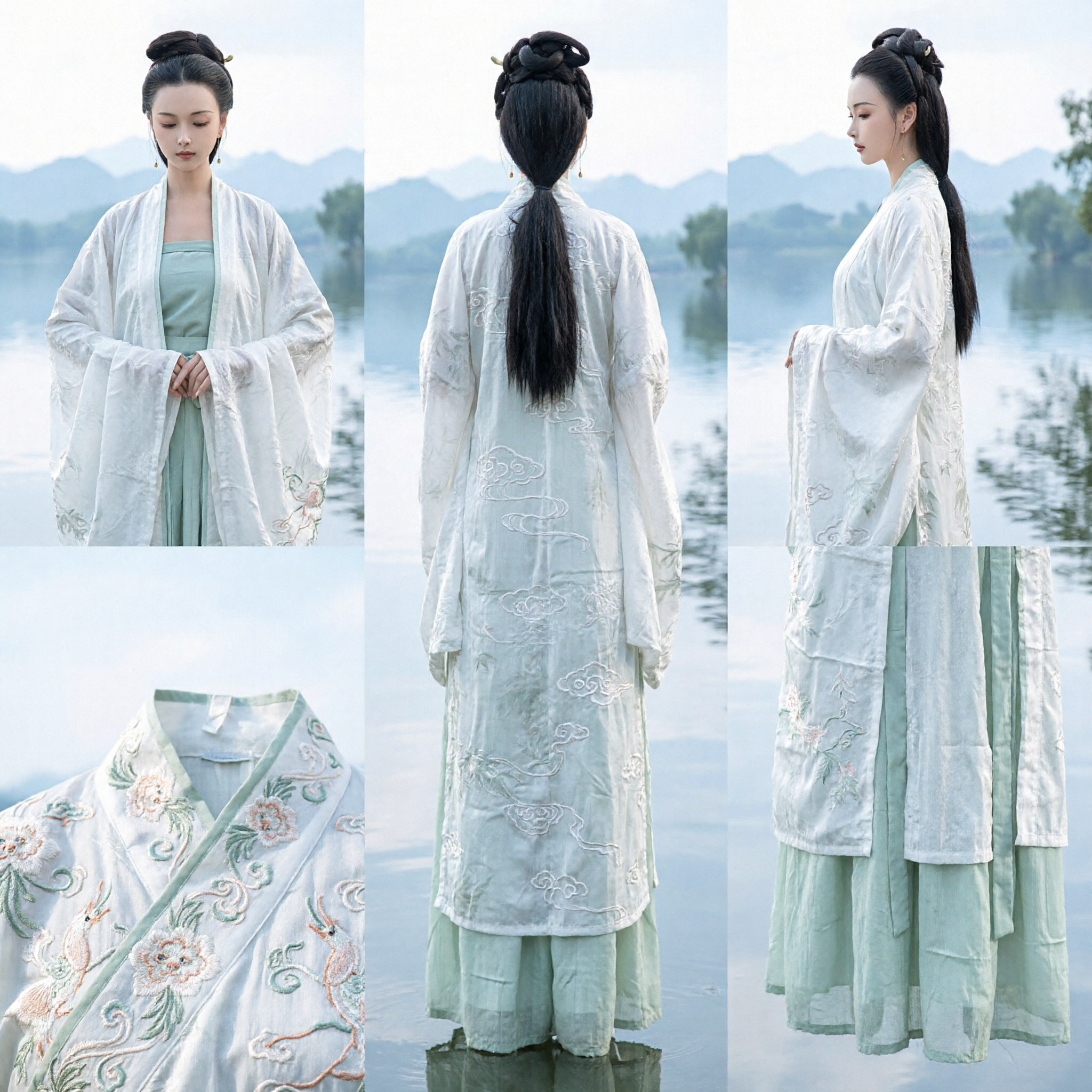 Traditional Chinese Hanfu Ancient Costume White Outer Robe and Mint Green Dress for Women Photography