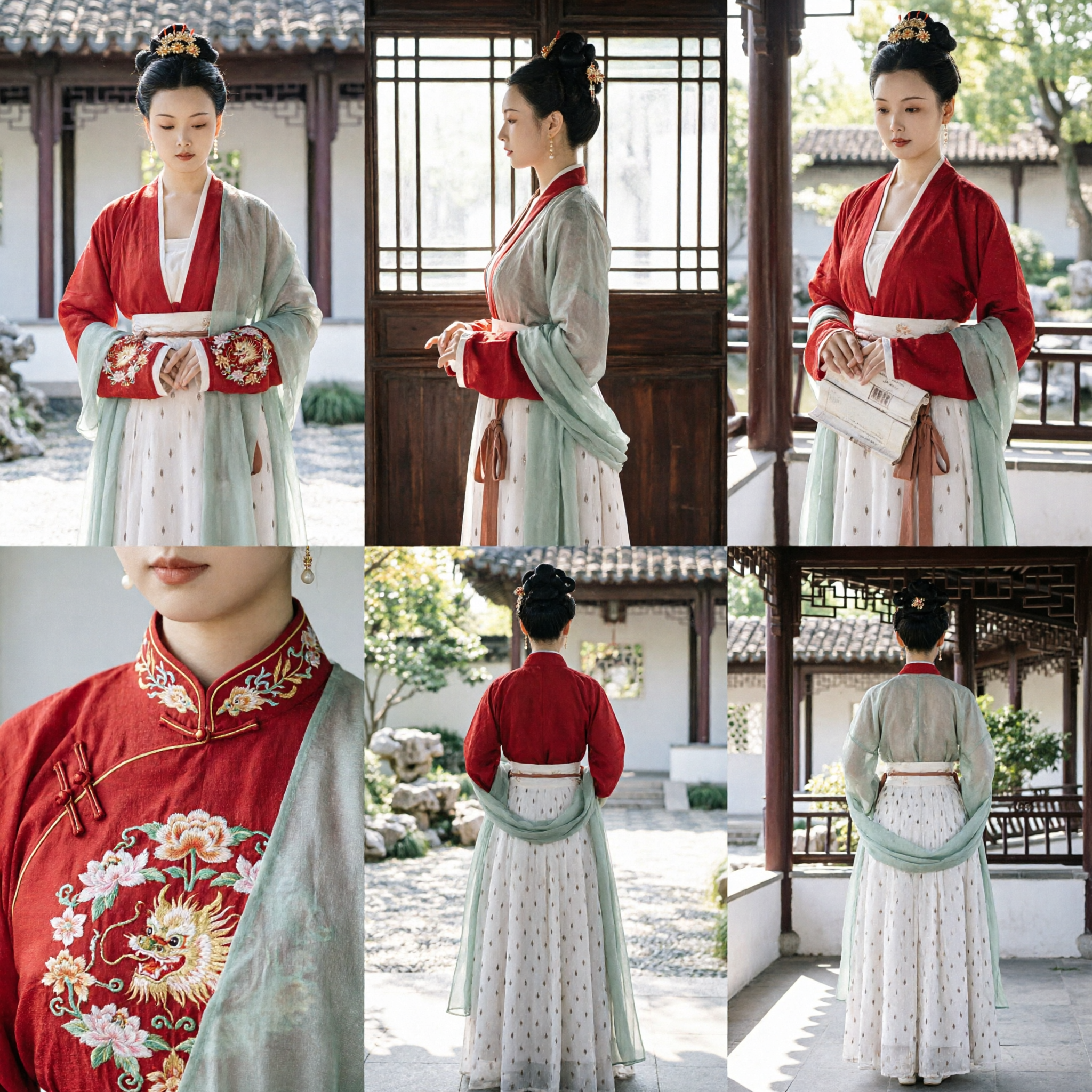 Traditional Chinese Hanfu Costume Ancient Song Dynasty Style Red Top and Patterned Skirt Dress for Women