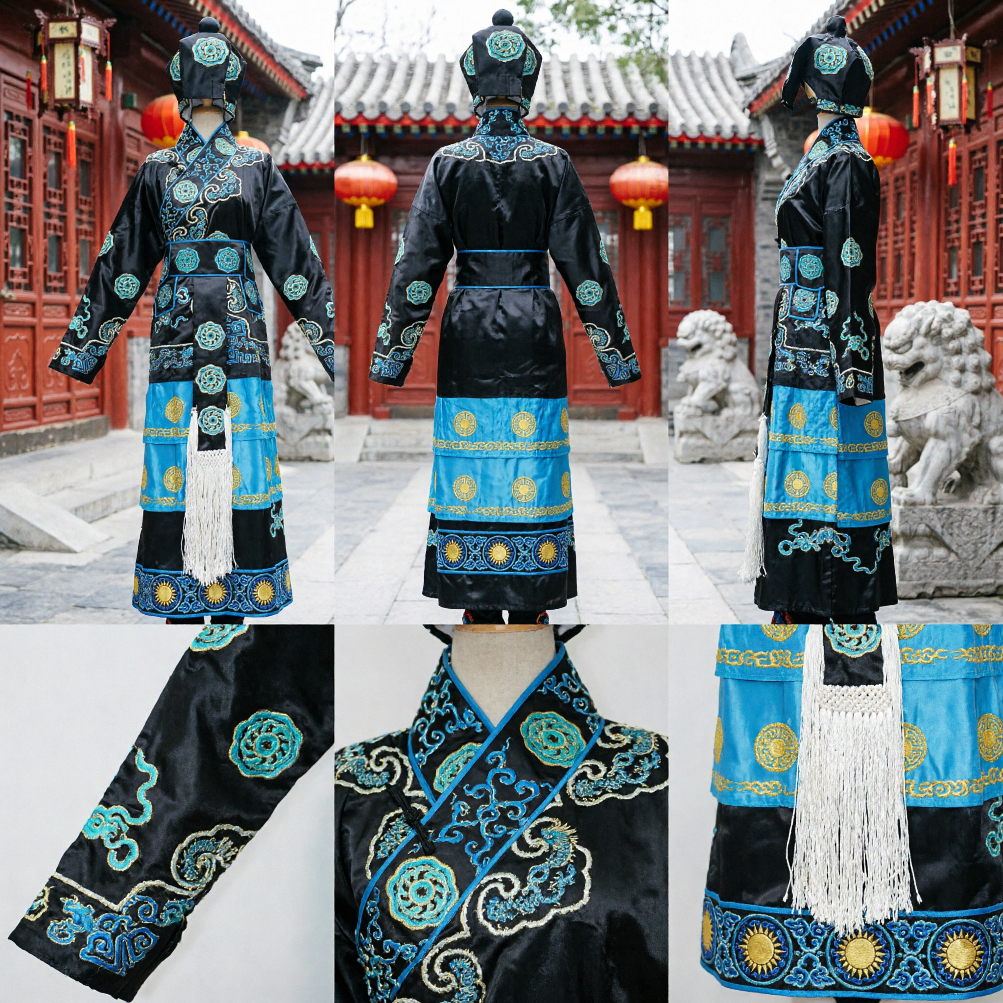 Men's Traditional Chinese Peking Opera Costume Black Ancient Official Robe with Hat for Stage Performance