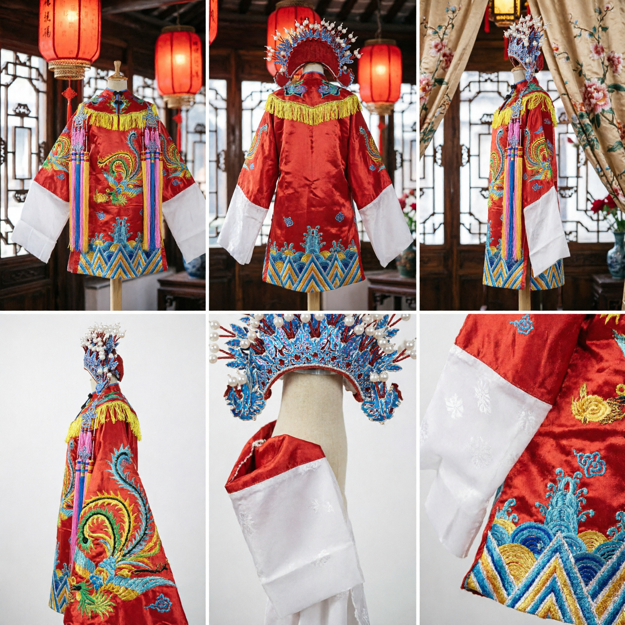 Traditional Chinese Peking Opera Costume Red Phoenix Embroidery Robe Female General Outfit with Headdress