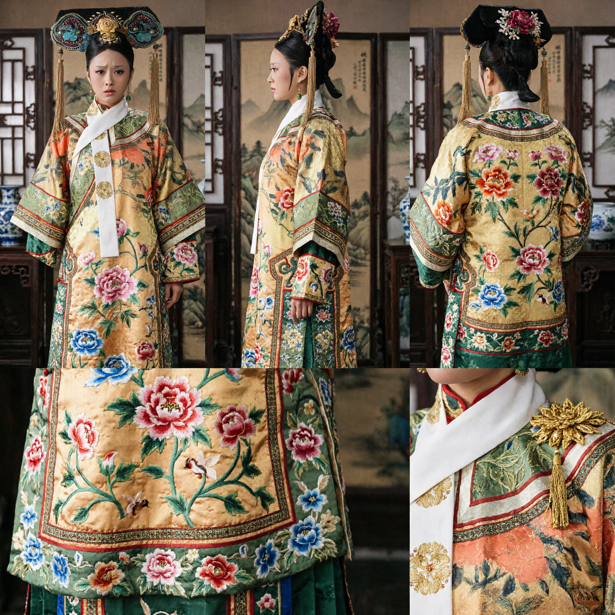 Chinese Qing Dynasty Consort Hua Costume Traditional Embroidered Robe and Headdress for Women Cosplay