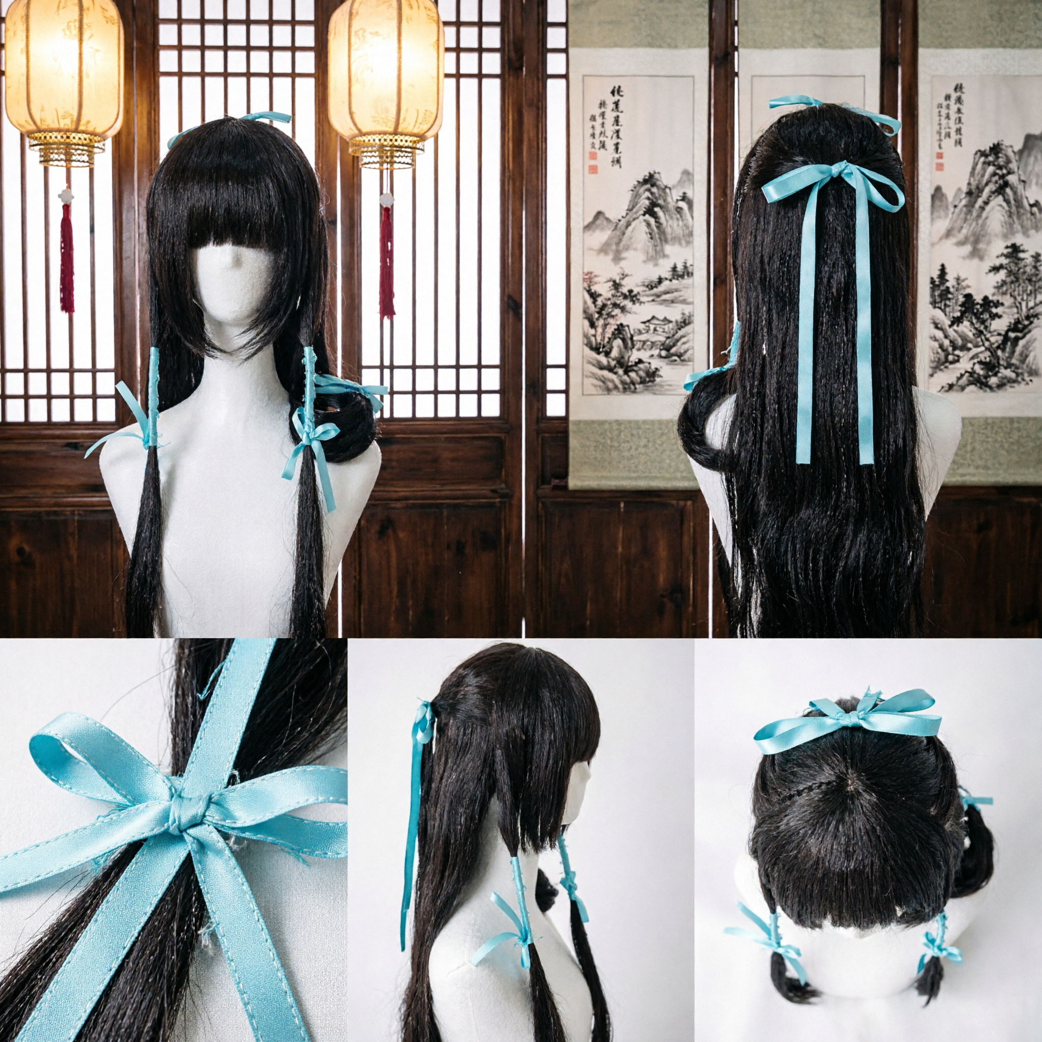 Long Straight Dark Brown Cosplay Wig with Blue Ribbon Accents for Anime Costume Parties and Halloween