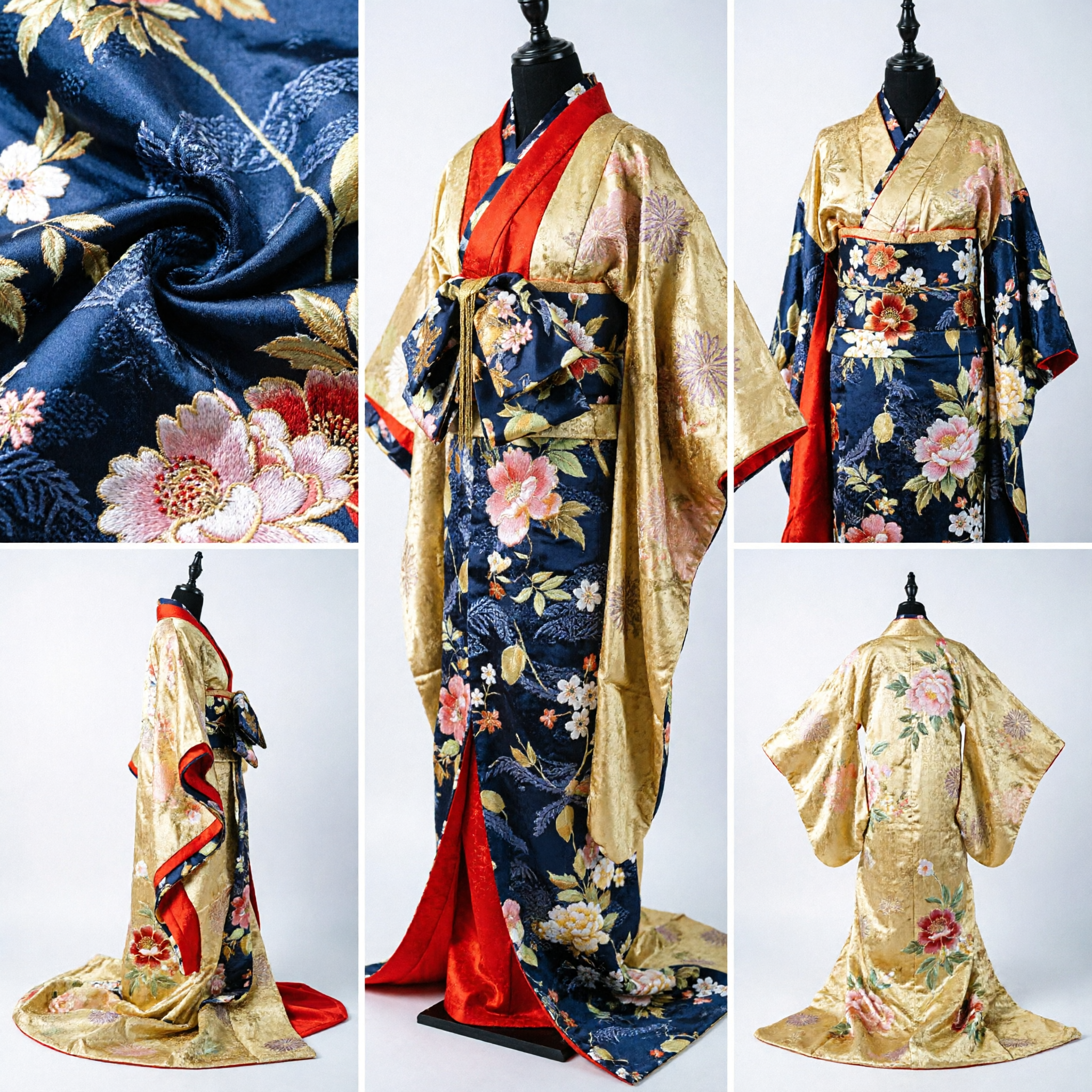 Elegant Japanese Gold Brocade Kimono Costume with Floral Obi Sash for Traditional Wedding or Cosplay Event