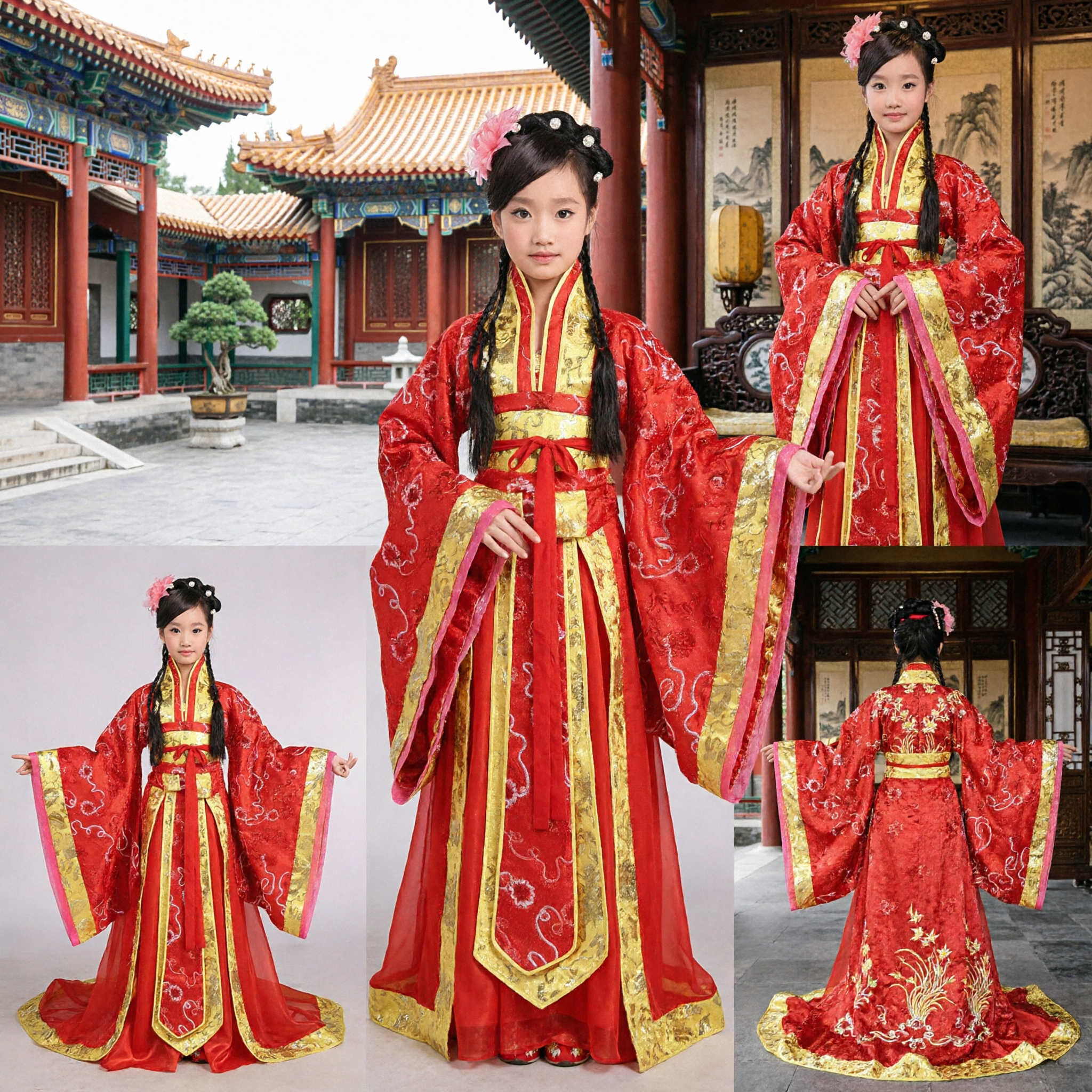 Kids Chinese Traditional Hanfu Costume Red Gold Ancient Princess Dress for Girls Stage Performance