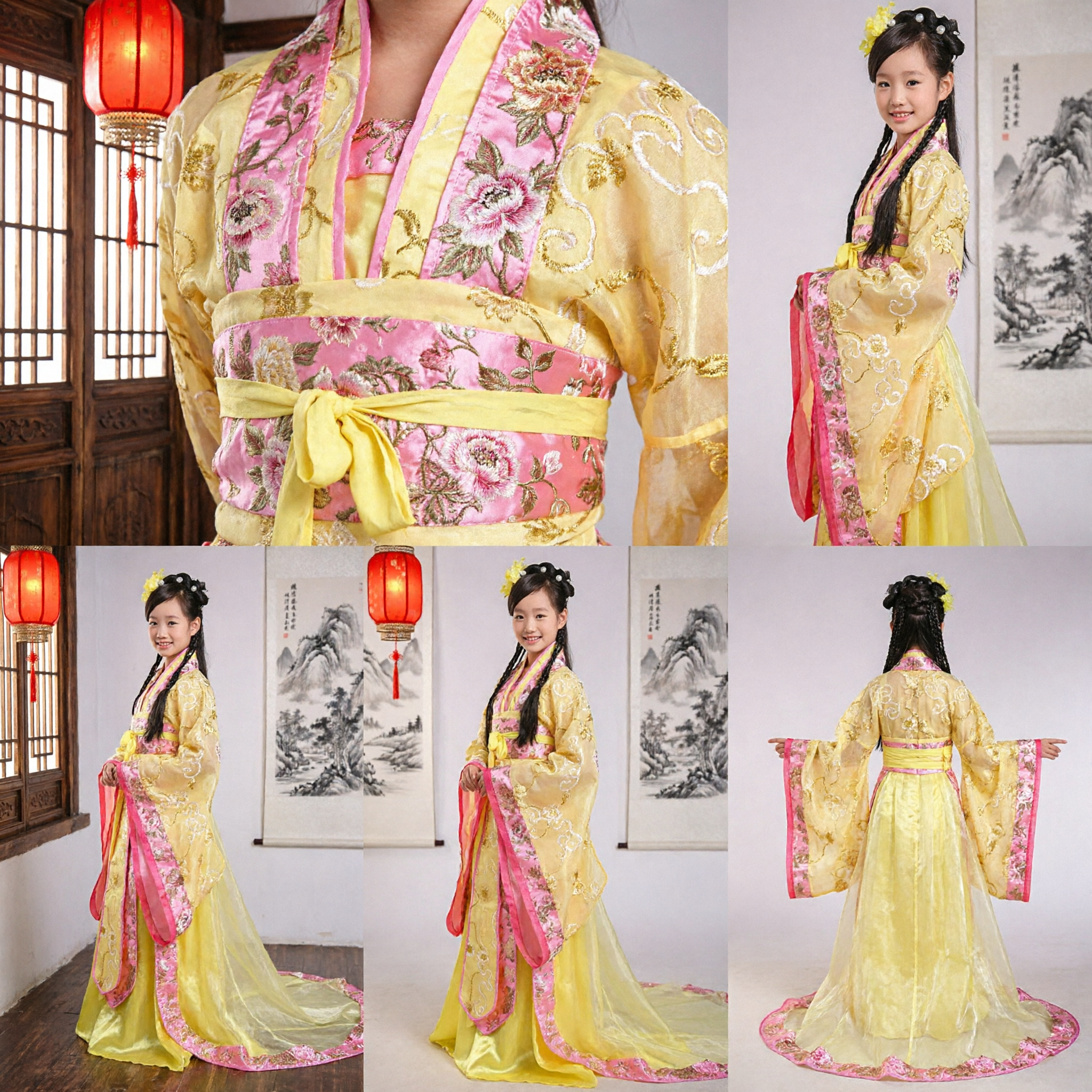 Yellow Pink Embroidered Traditional Chinese Hanfu Costume for Kids Girls Ancient Princess Dress Up Performance