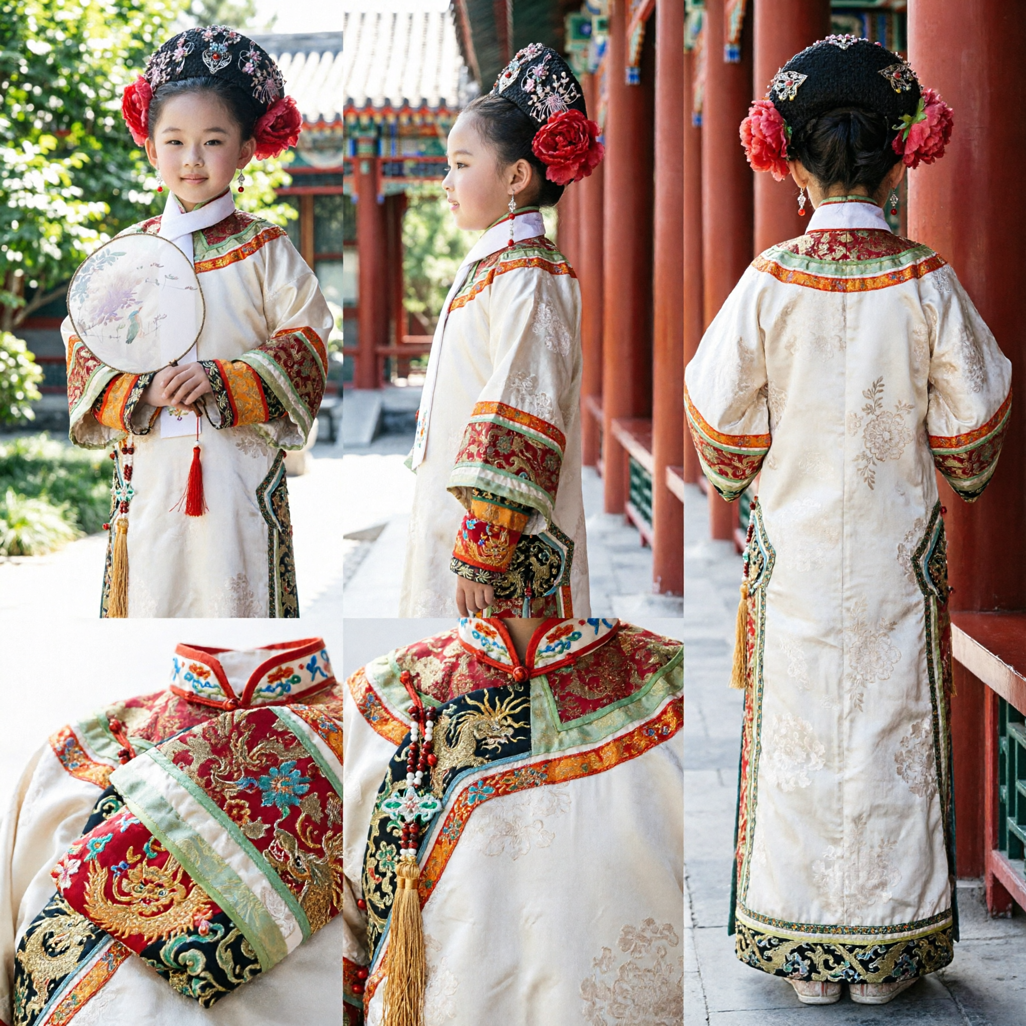 Traditional Chinese Qing Dynasty Manchu Princess Costume for Kids Girls Palace Drama Cosplay Outfit with Embroidered Headdress