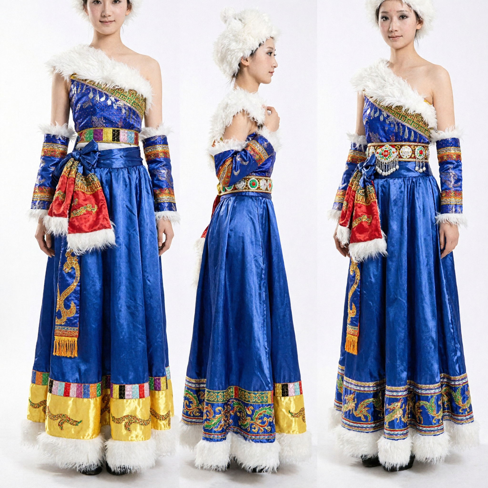Blue Traditional Tibetan Folk Dance Costume Women's Ethnic Dress with White Fur Hat for Stage Performance