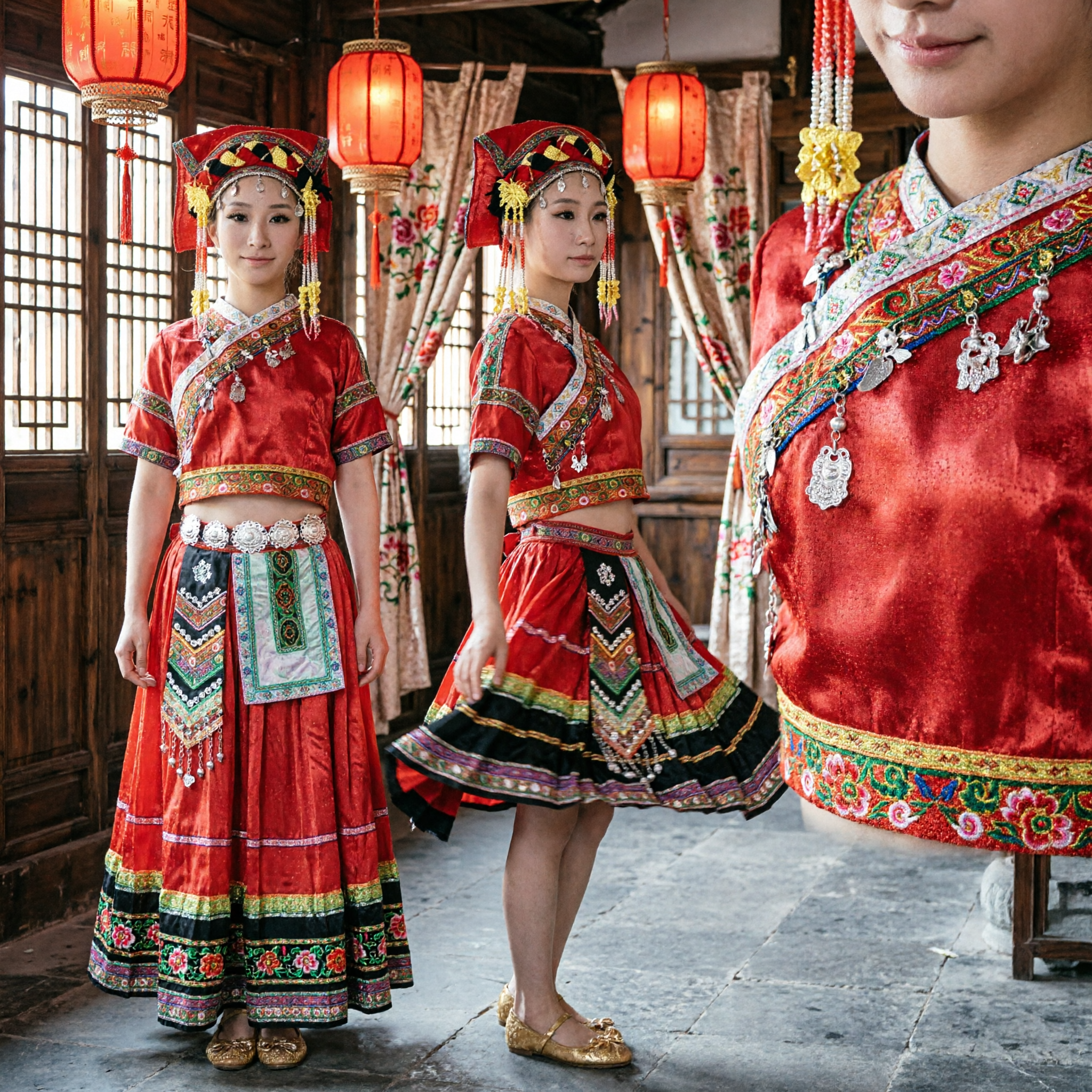 Traditional Chinese Ethnic Minority Dance Costume Women's Red Folk Dress Stage Performance Outfit with Headdress