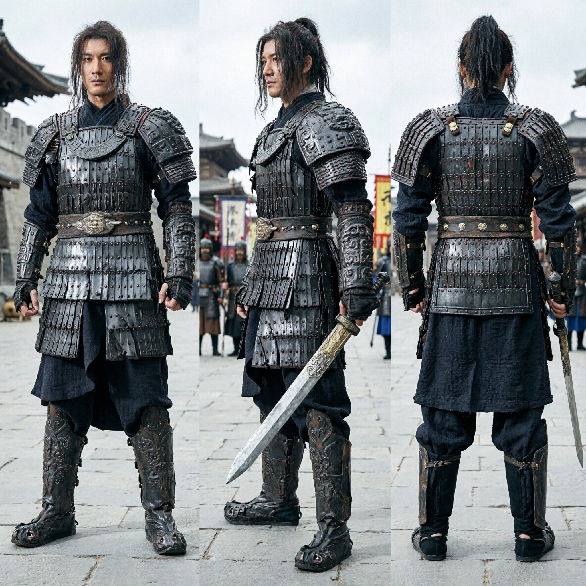 Men's Ancient Chinese General Black Armor Costume Historical Warrior Cosplay Complete Set for Stage