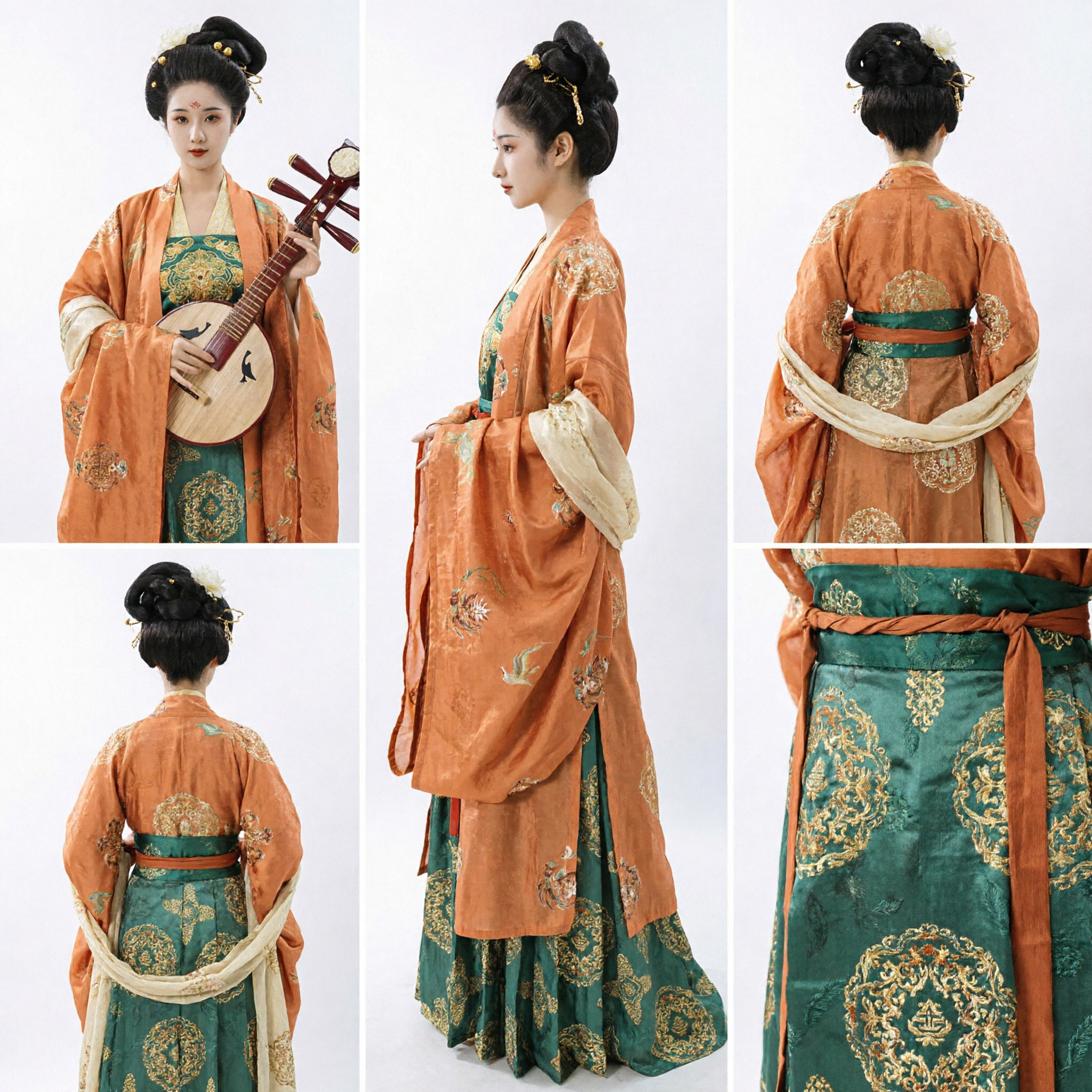 Tang Dynasty Traditional Chinese Hanfu Costume Orange Wide Sleeve Robe and Green Embroidered Skirt for Women