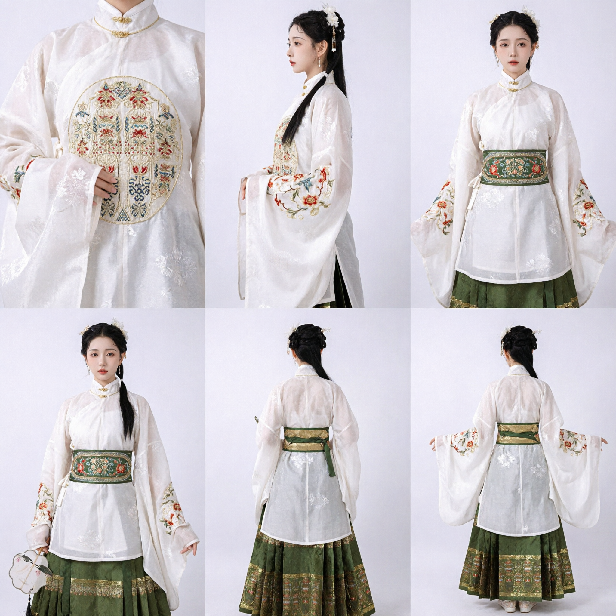 Traditional Chinese Hanfu Ming Dynasty Style White Embroidered Top and Green Brocade Mamianqun Skirt Set for Women