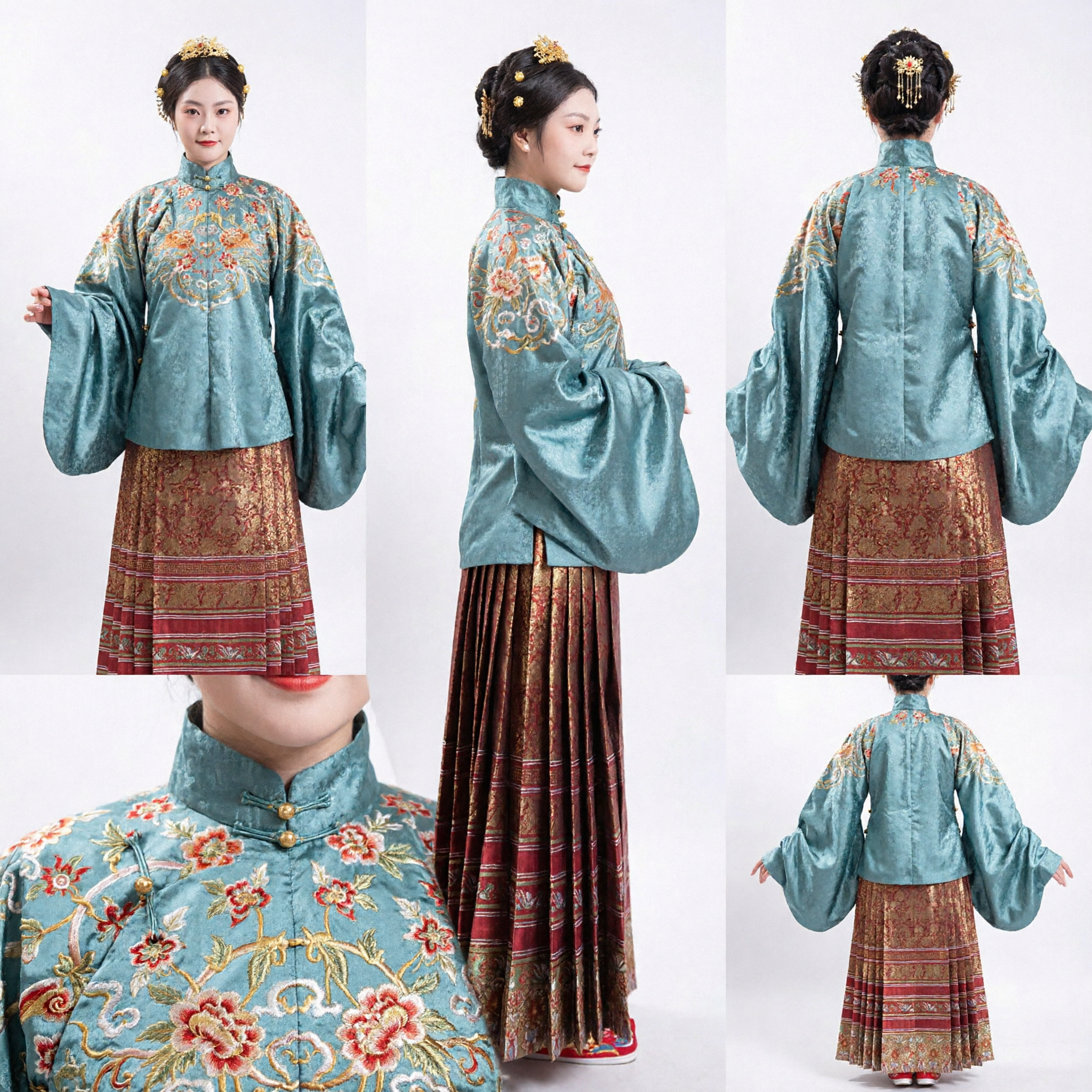 Traditional Chinese Ming Dynasty Hanfu Costume Women Blue Embroidered Top Red Mamianqun Horse-Face Skirt Set