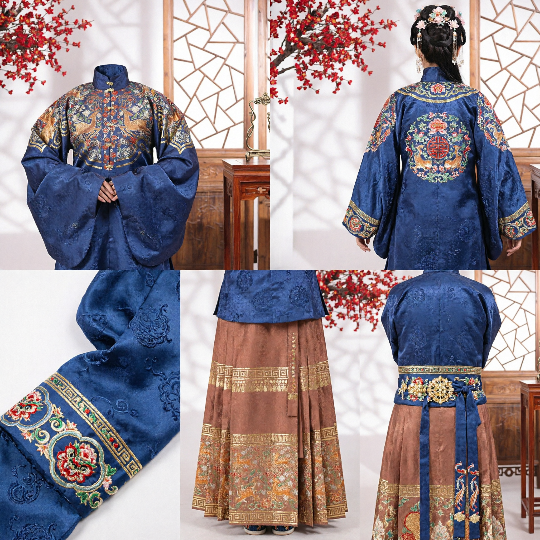 Traditional Ming Dynasty Hanfu for Women Blue Embroidered Deer Jacket and Brown Horse-Face Skirt Set Historical Costume