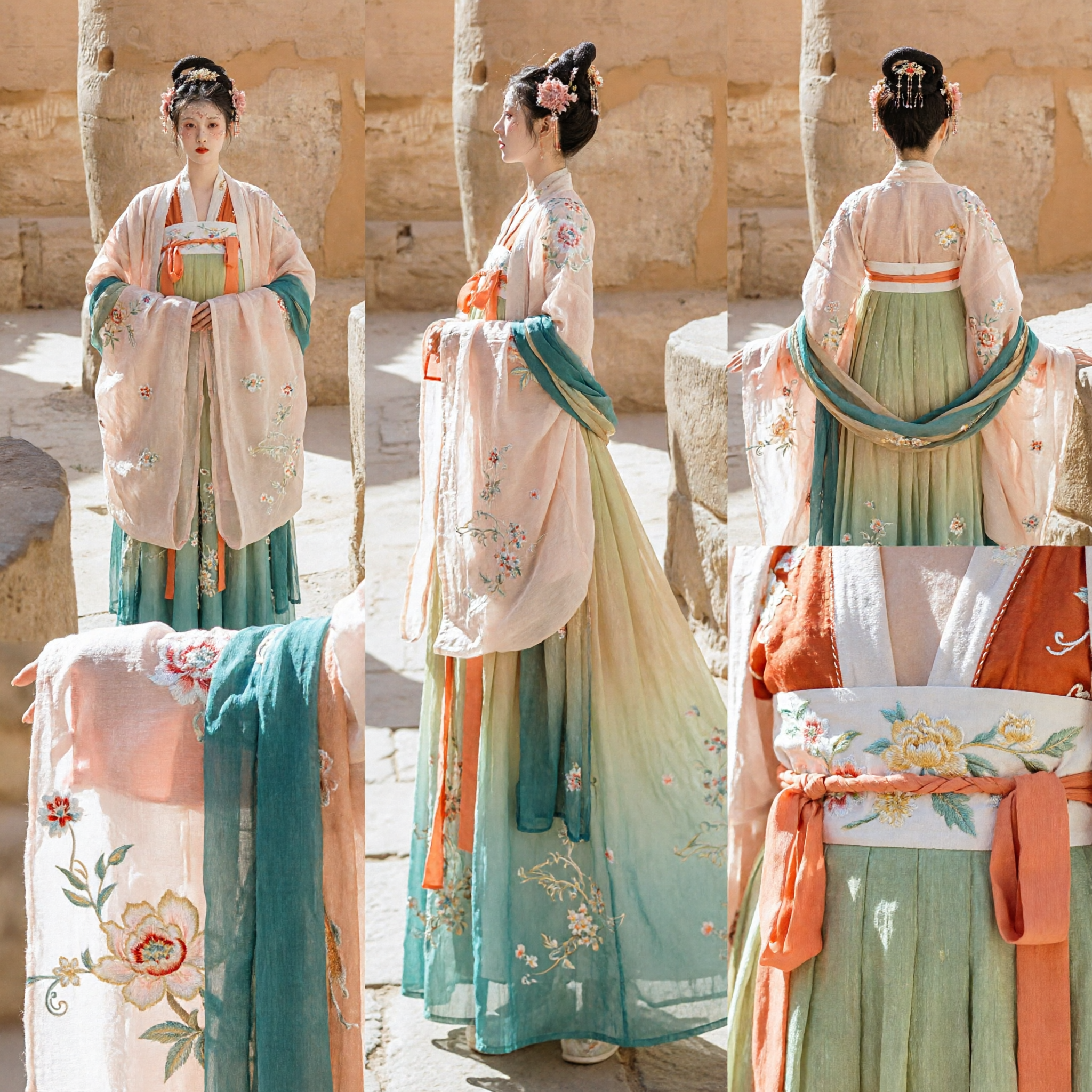 Elegant Tang Dynasty Hanfu Costume for Women Green Embroidered Skirt and Wide Sleeve Robe for Photography