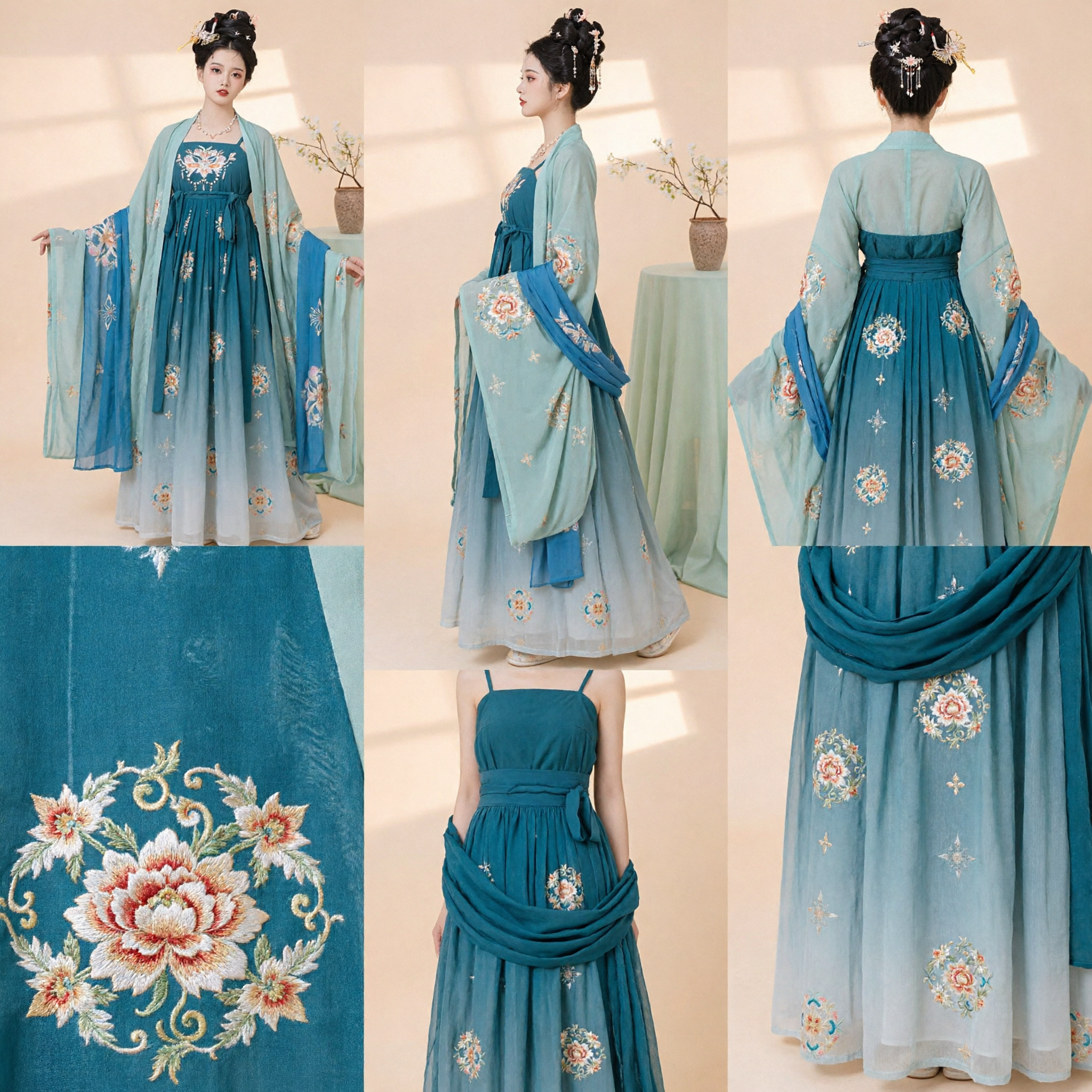 Traditional Chinese Tang Dynasty Hanfu Costume Women Ancient Blue Gradient Dress for Cosplay and Cultural Performance