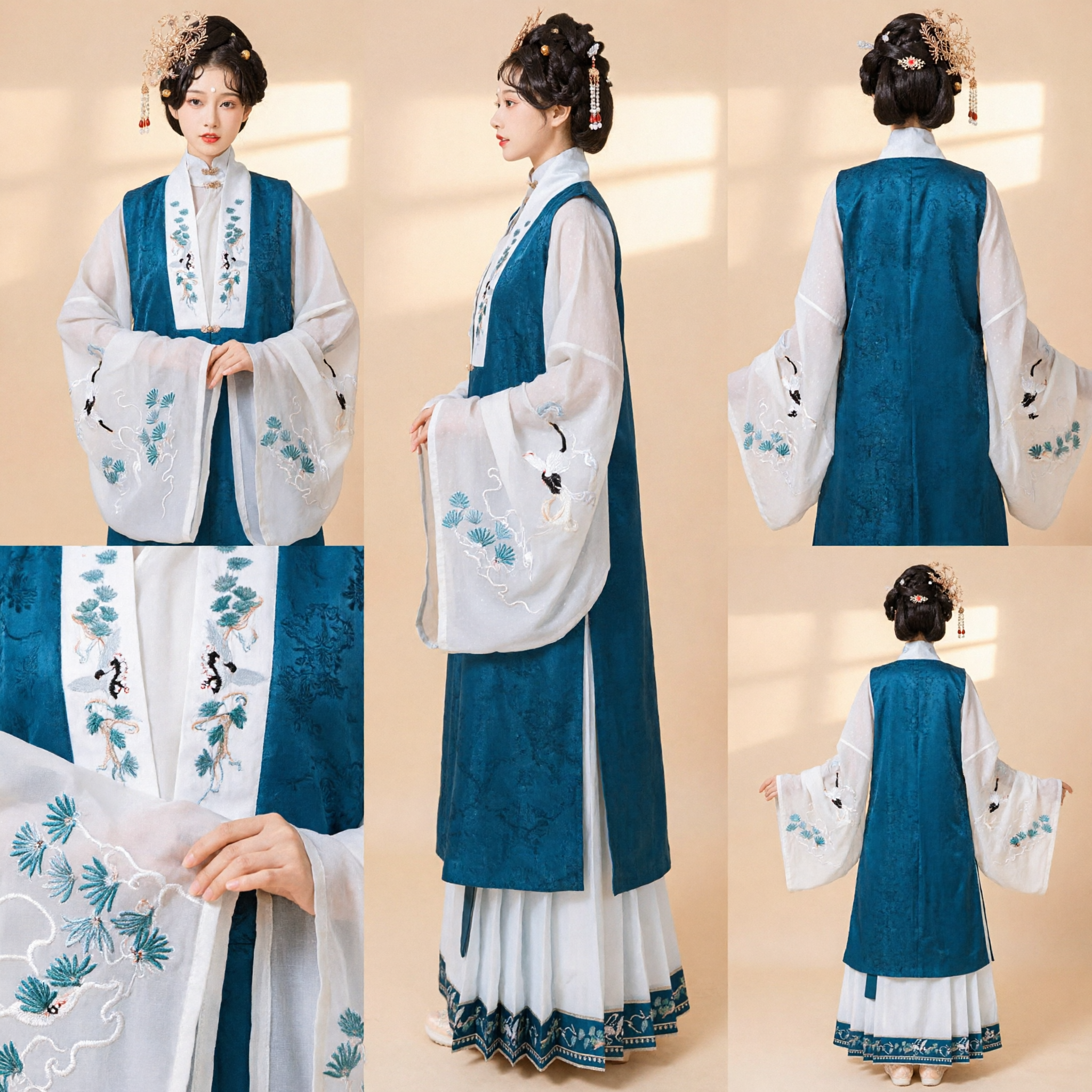 Traditional Chinese Ming Dynasty Hanfu for Women Elegant Blue Embroidered Vest and Pleated Skirt Ancient Costume