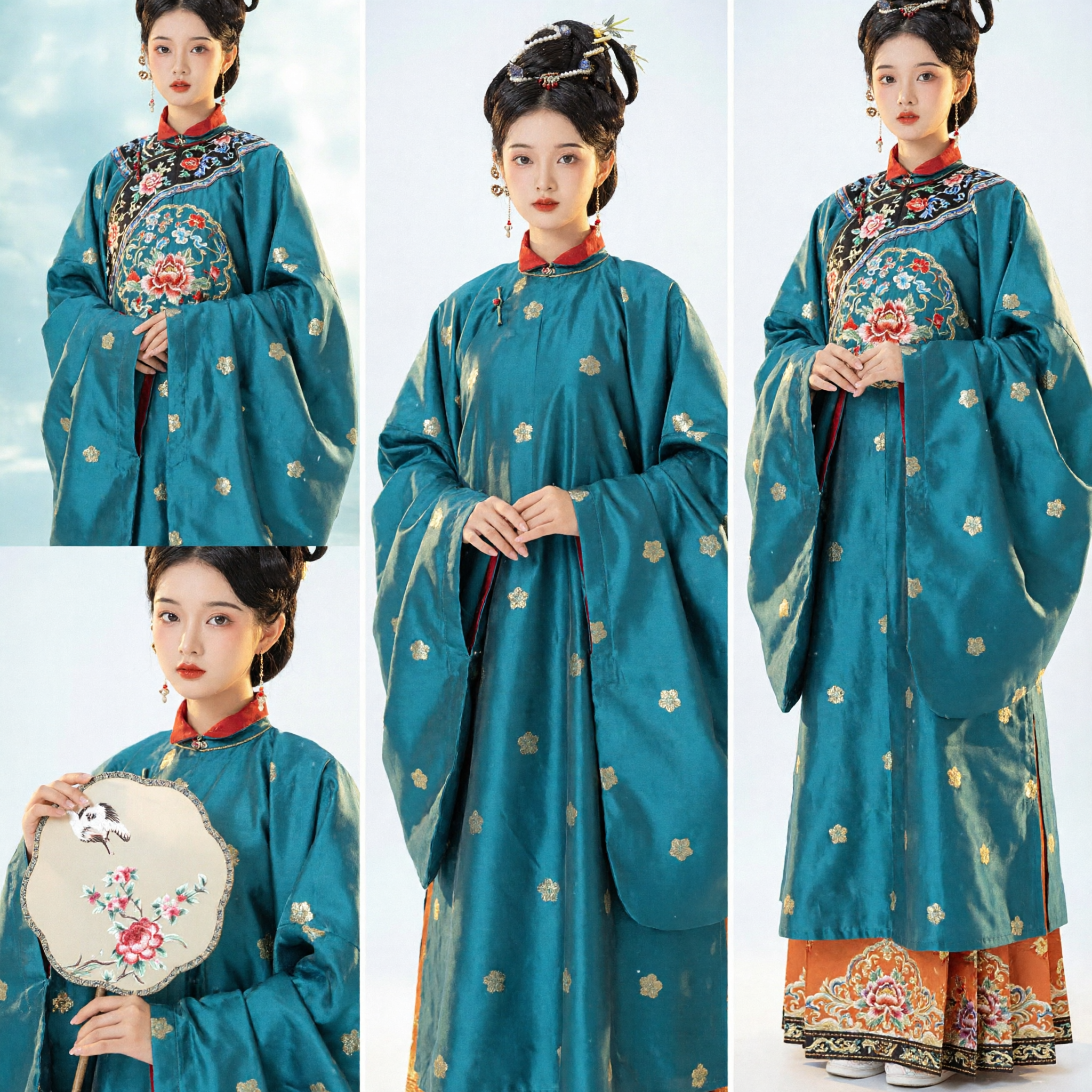 Ancient Chinese Ming Dynasty Hanfu Costume Teal Embroidered Long Robe and Orange Skirt Set for Women