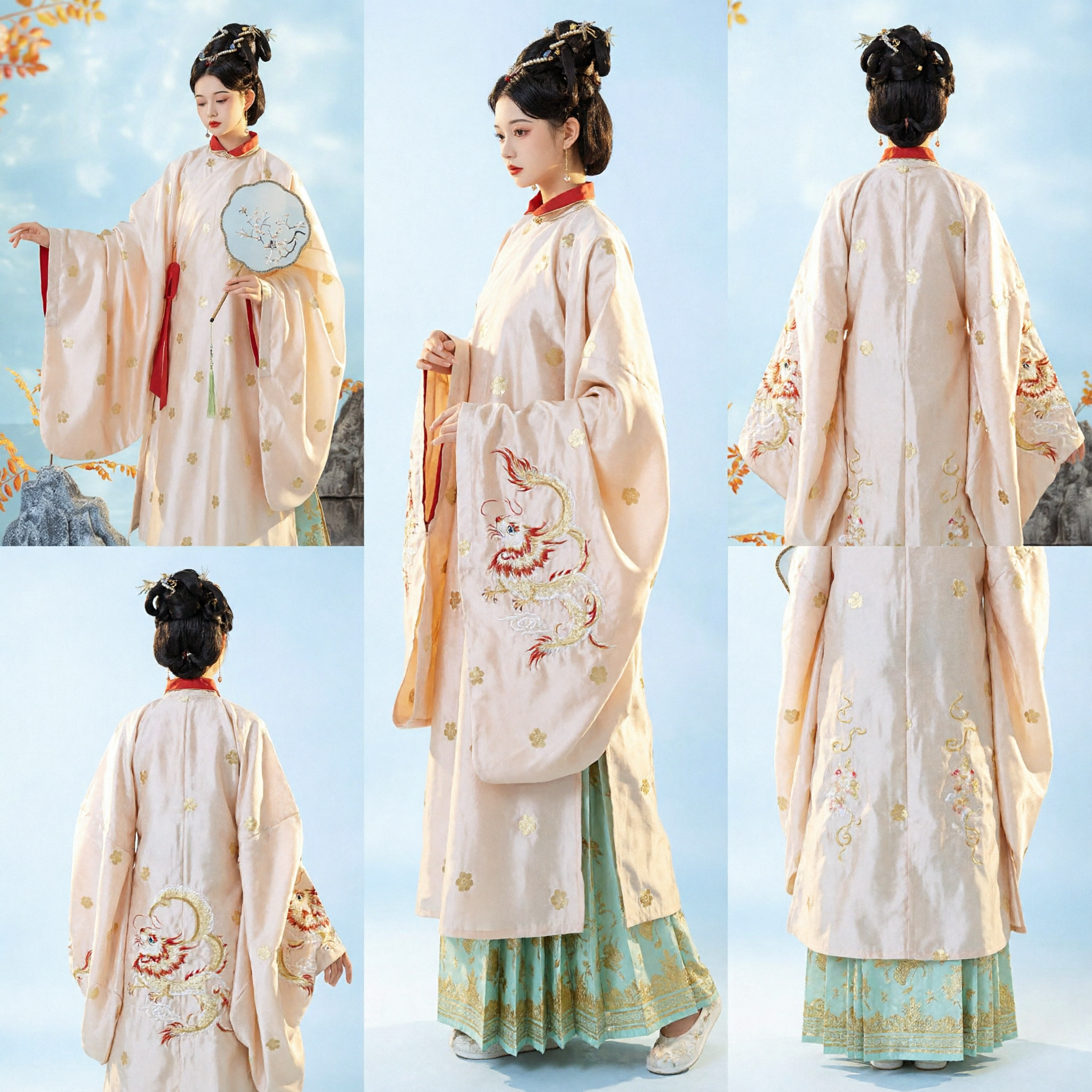 Elegant Ming Dynasty Hanfu Set for Women Traditional Chinese Ancient Costume Cream Embroidered Robe and Skirt for Cosplay