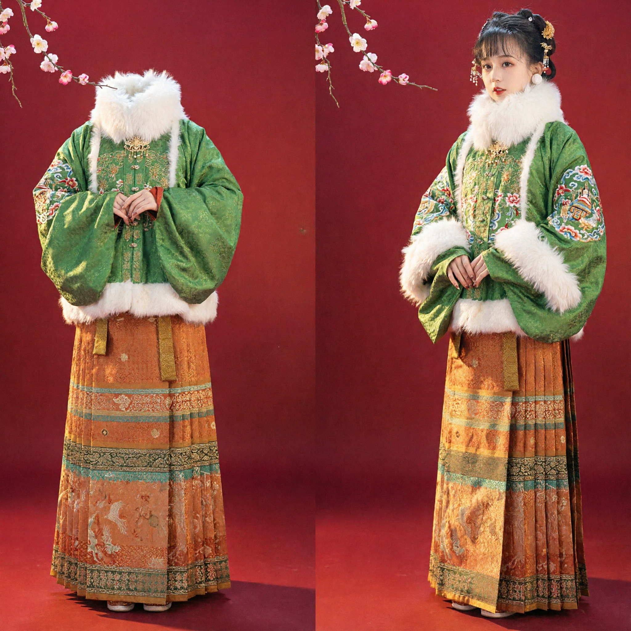 Elegant Ming Dynasty Hanfu Set Green Brocade Fur Collar Jacket and Orange Mamian Skirt for Women Winter Festival