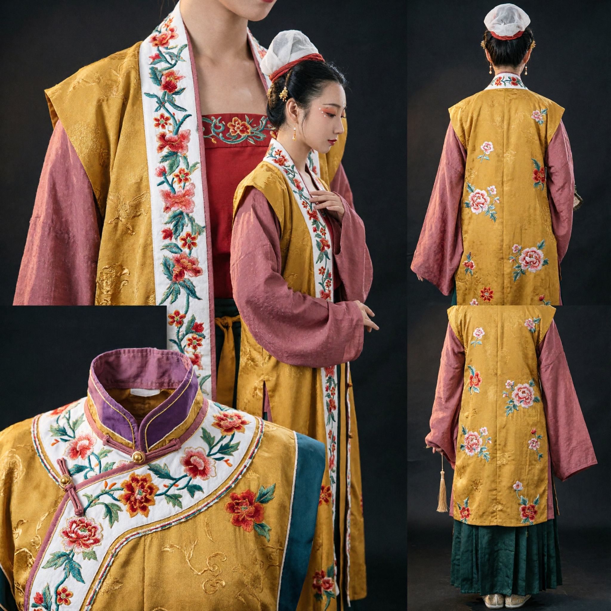 Traditional Chinese Ming Dynasty Hanfu Costume Yellow Embroidered Bijia Vest and Green Skirt Set for Women