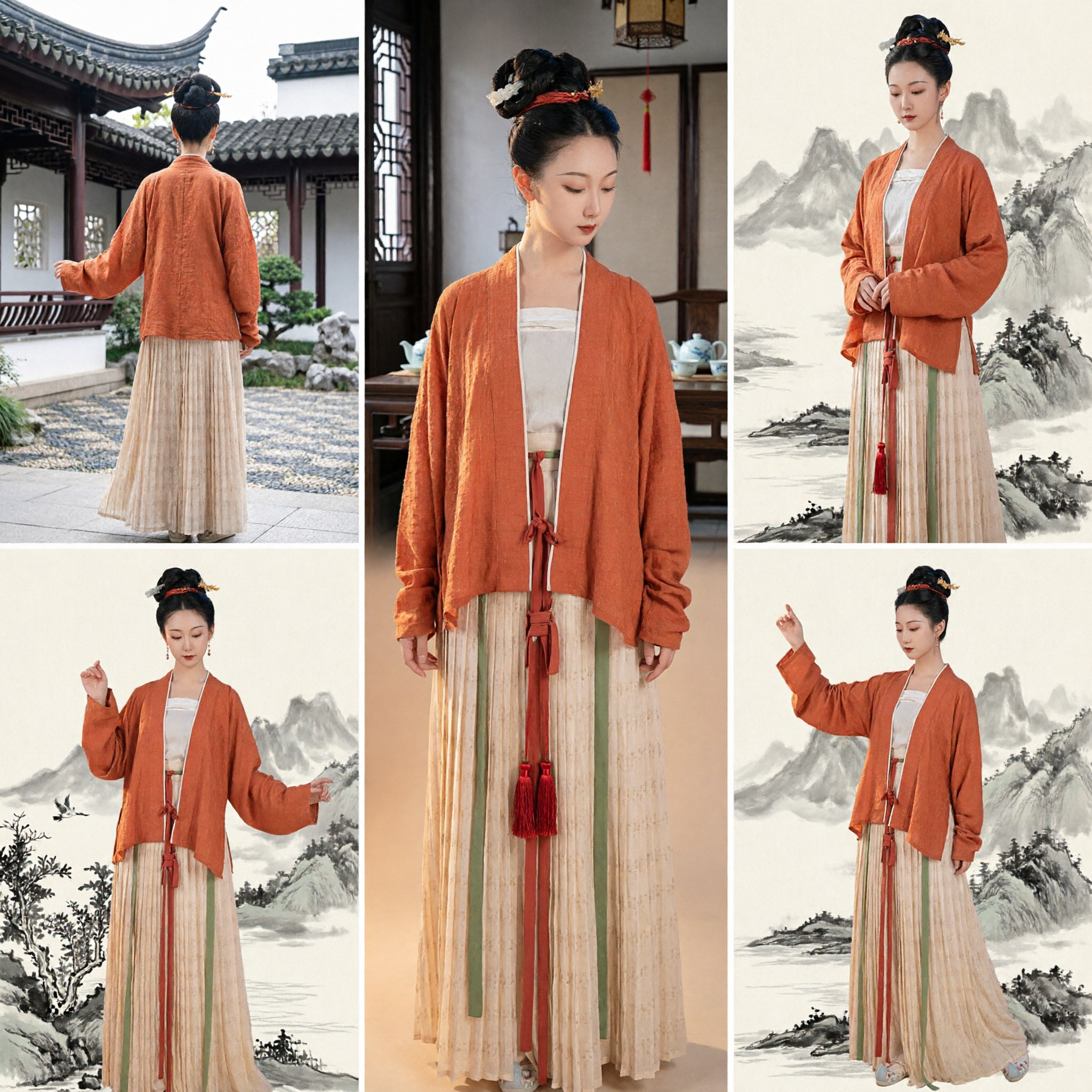 Elegant Women's Hanfu Traditional Chinese Clothing Rust Orange Outer Robe and Pleated Skirt Set for Festivals