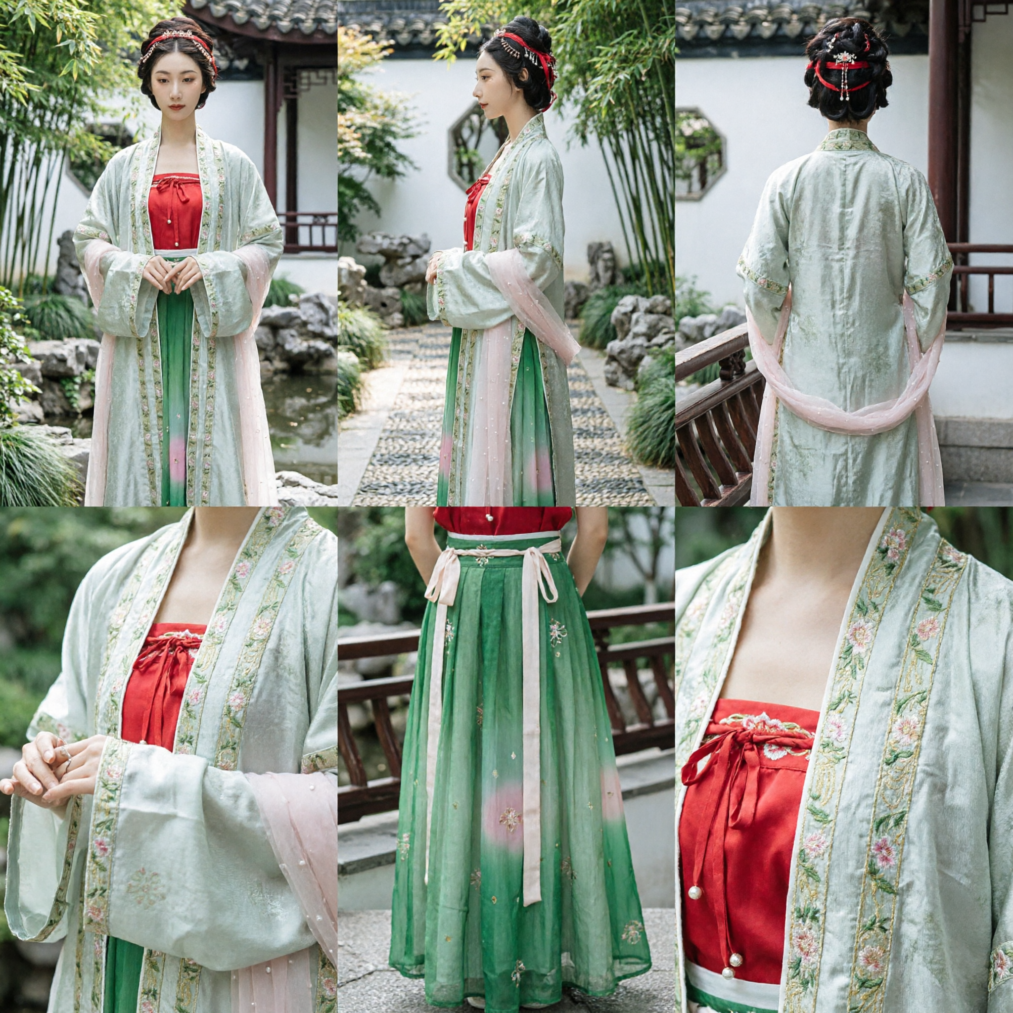Traditional Chinese Hanfu Costume for Women Ancient Green Embroidered Robe and Red Dress Set for Photography