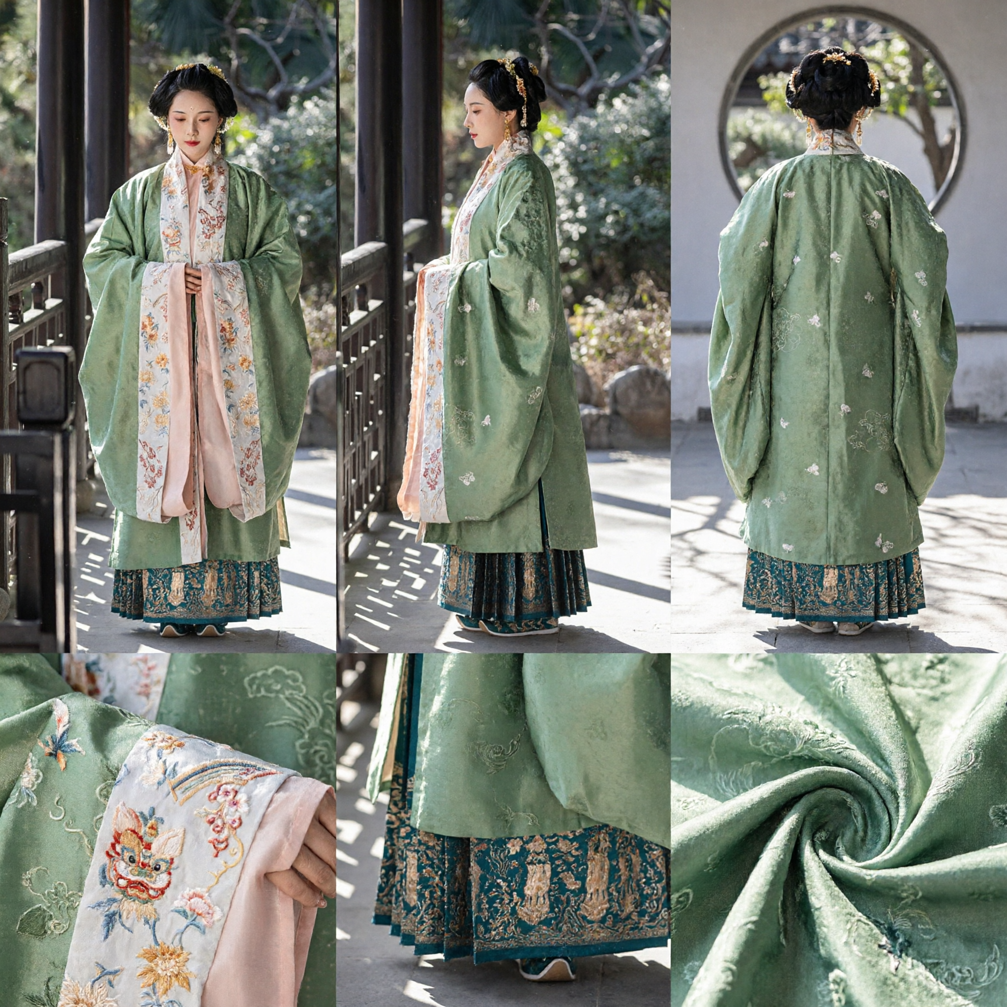 Chinese Traditional Ming Dynasty Hanfu Green Beizi Robe Embroidered Long Coat and Skirt Costume for Women