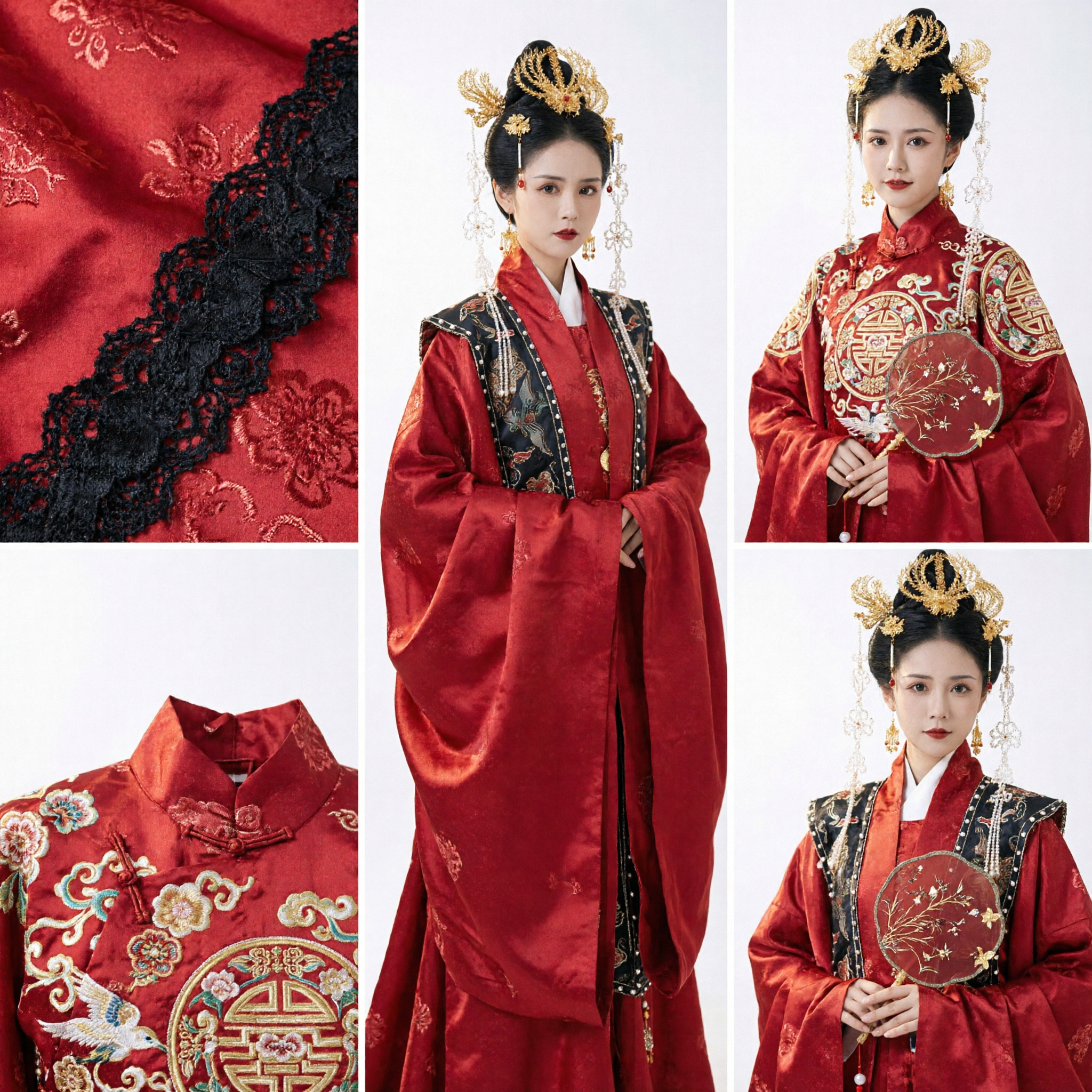 Traditional Chinese Red Hanfu Wedding Dress Ancient Bride Costume with Headdress and Fan
