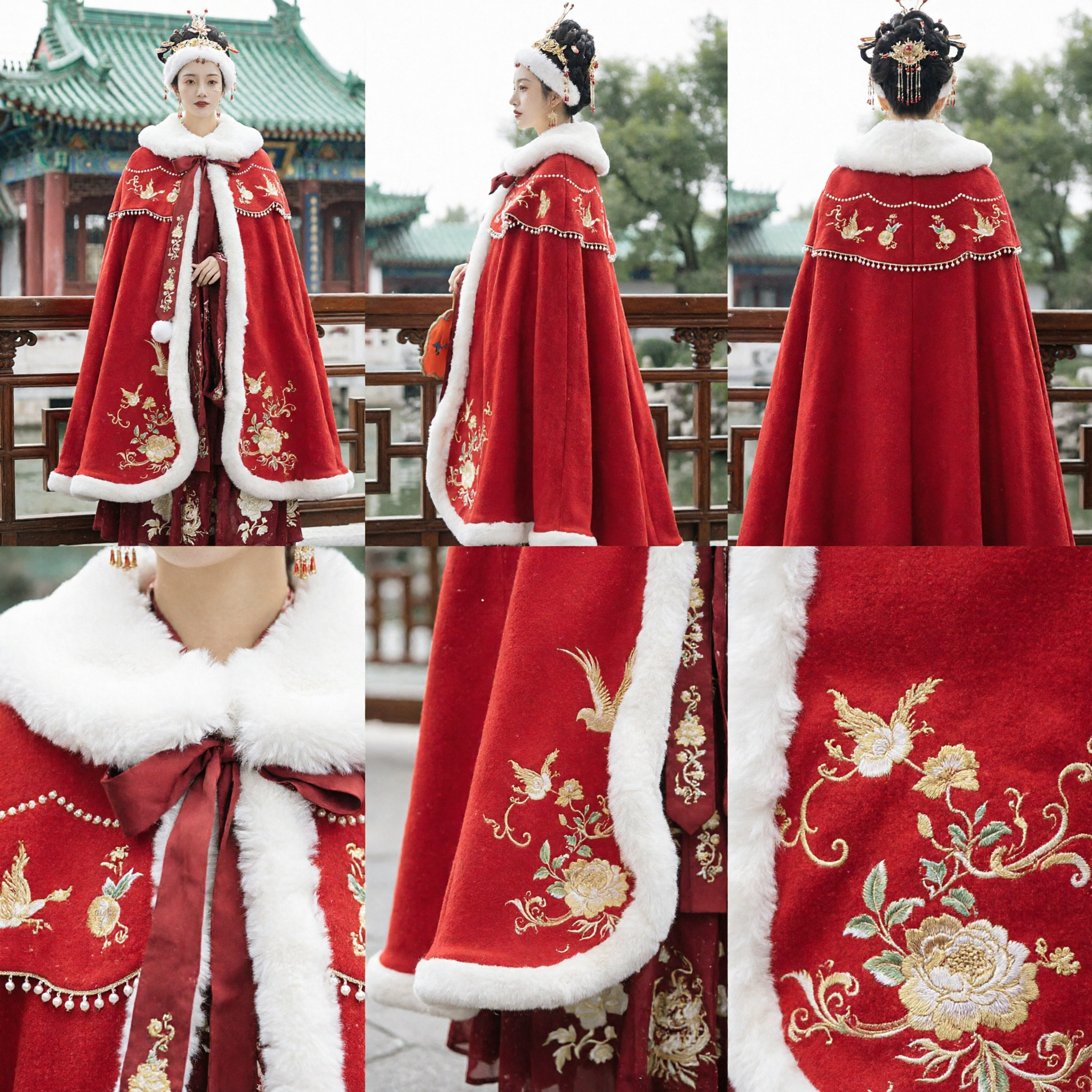 Ancient Chinese Hanfu Red Velvet Cloak with White Fur Trim Winter Traditional Costume for Women