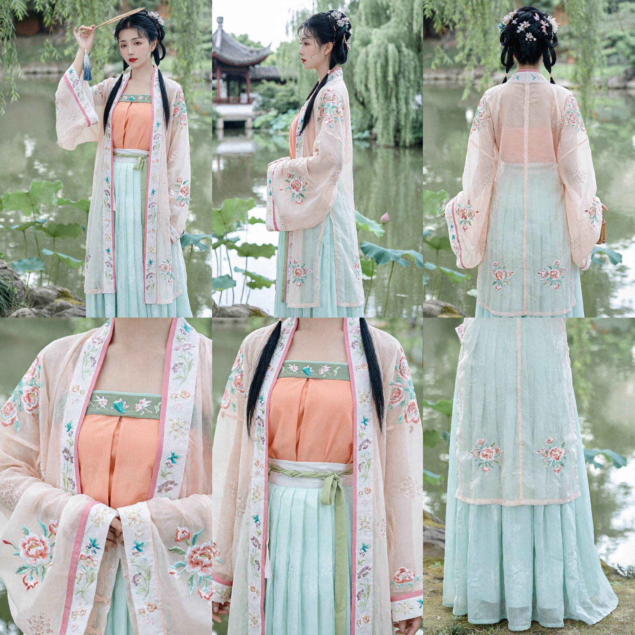 Traditional Chinese Hanfu Costume for Women Tang Dynasty Style Embroidered Beige Robe and Green Skirt Ancient Dress