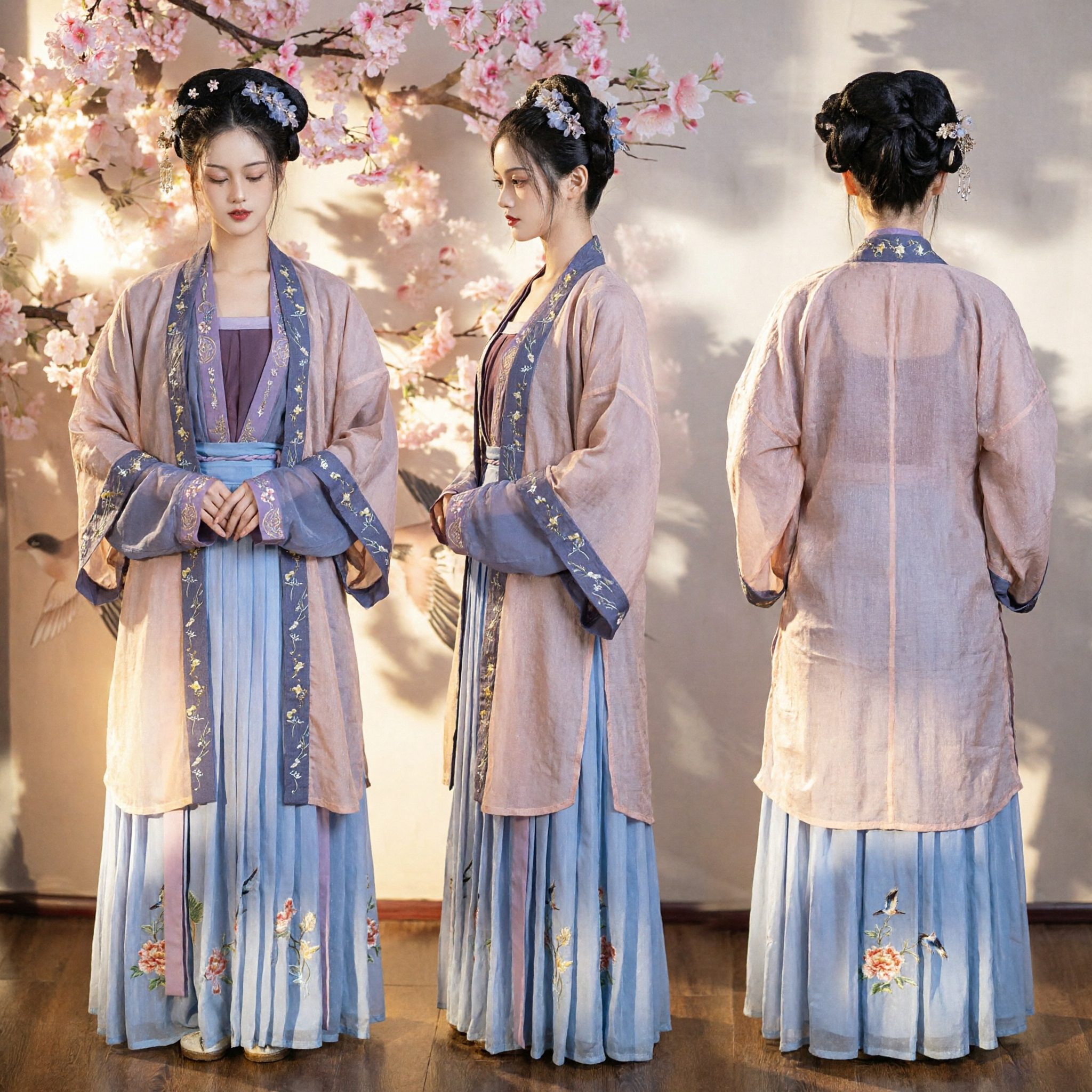 Traditional Chinese Hanfu Ancient Costume for Women Blue Gradient Embroidery Robe Set for Photography and Festivals