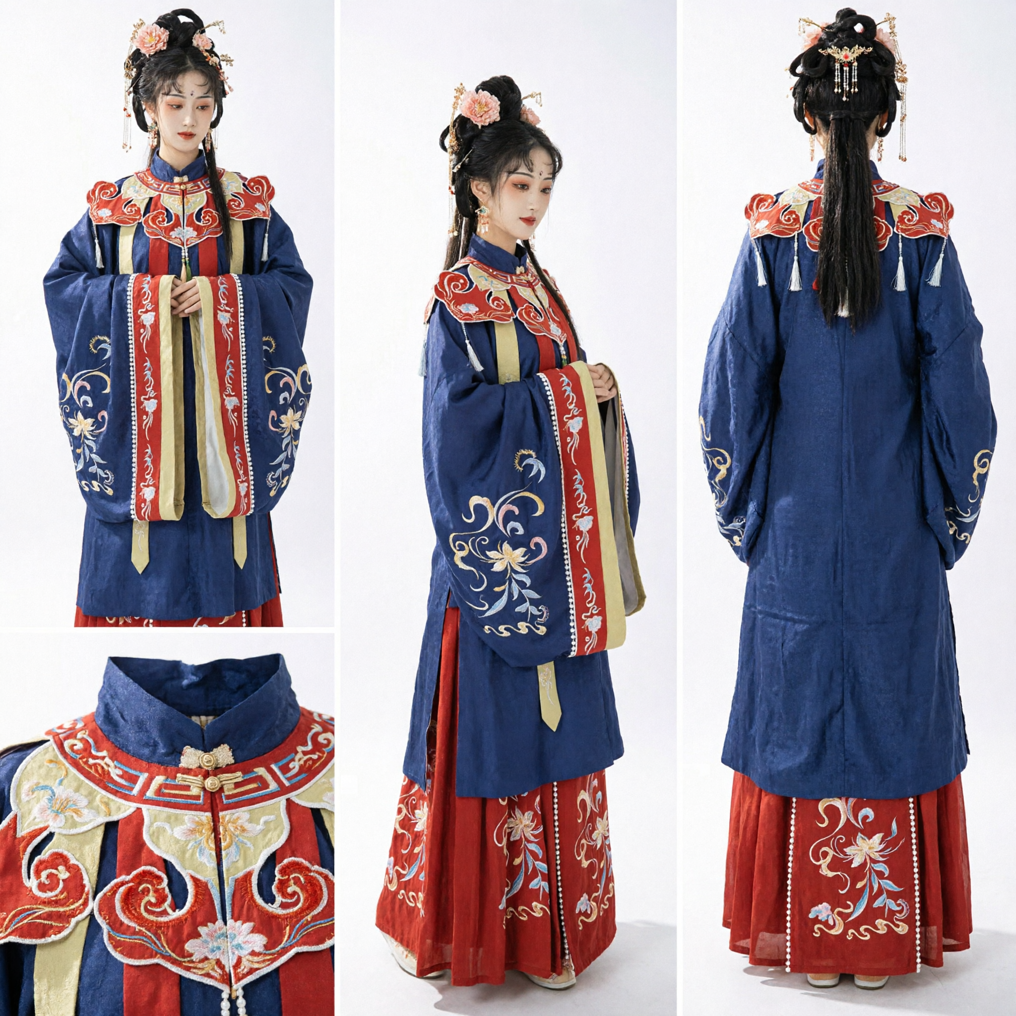 Chinese Traditional Hanfu Ming Dynasty Style Blue Robe Red Skirt Embroidery Ancient Princess Costume for Women