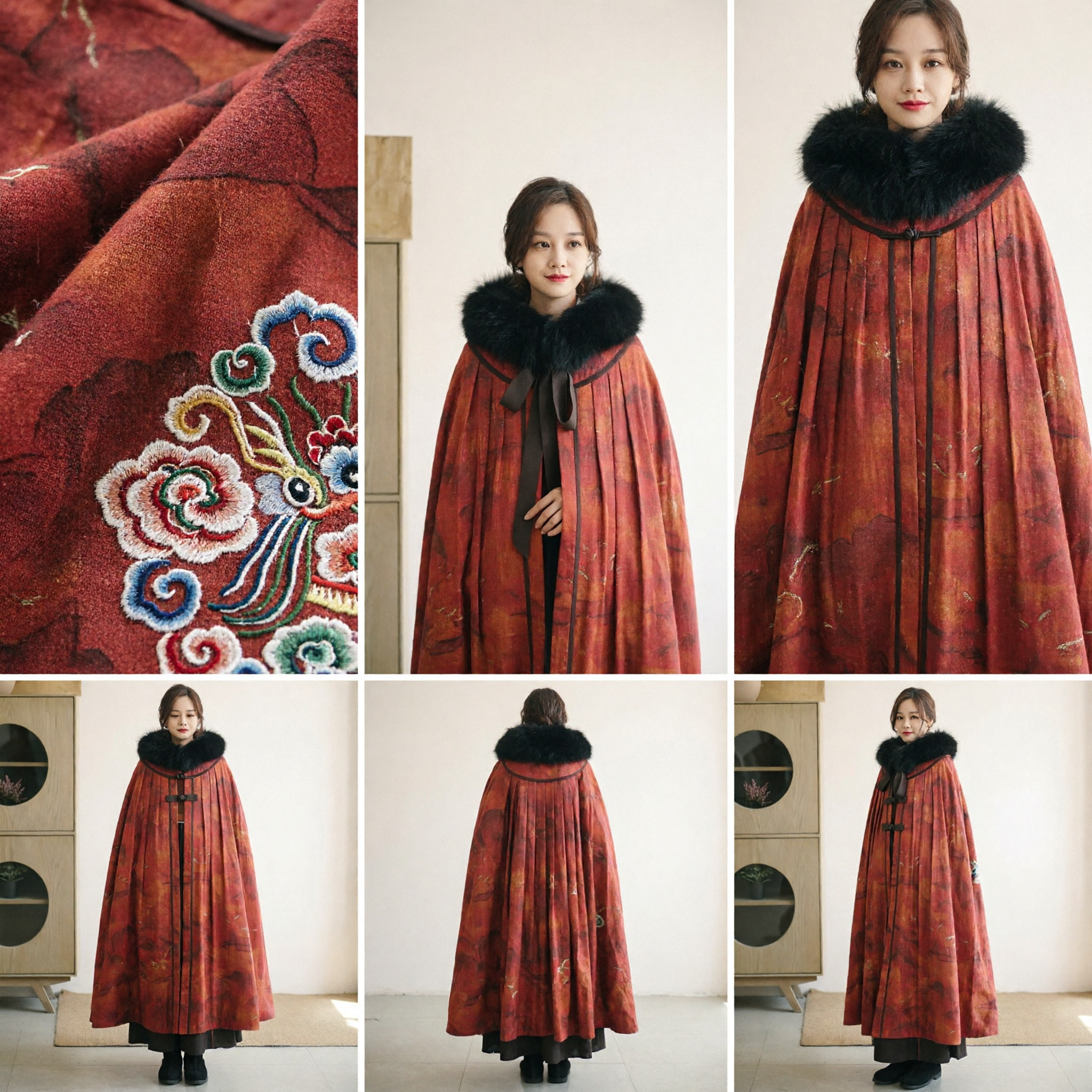 Women's Traditional Chinese Hanfu Cloak Cape Red Autumn Pattern Winter Coat with Black Fur Collar