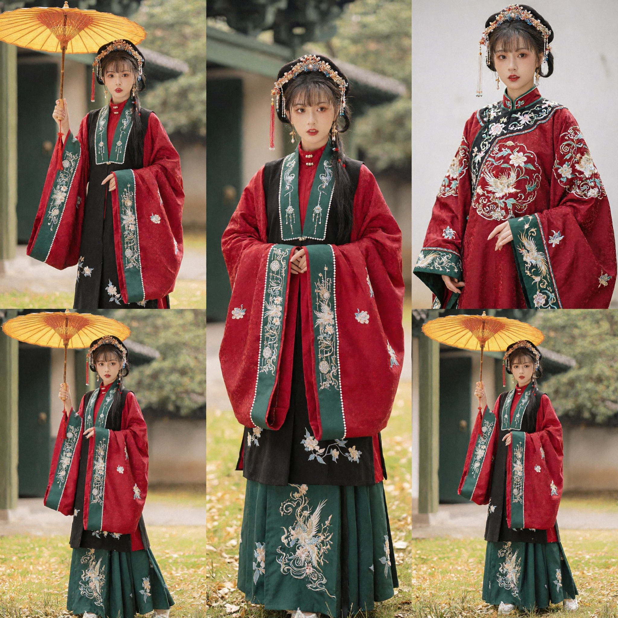 Traditional Chinese Ming Dynasty Hanfu Red Embroidered Beizi Coat and Green Skirt Ancient Costume for Women