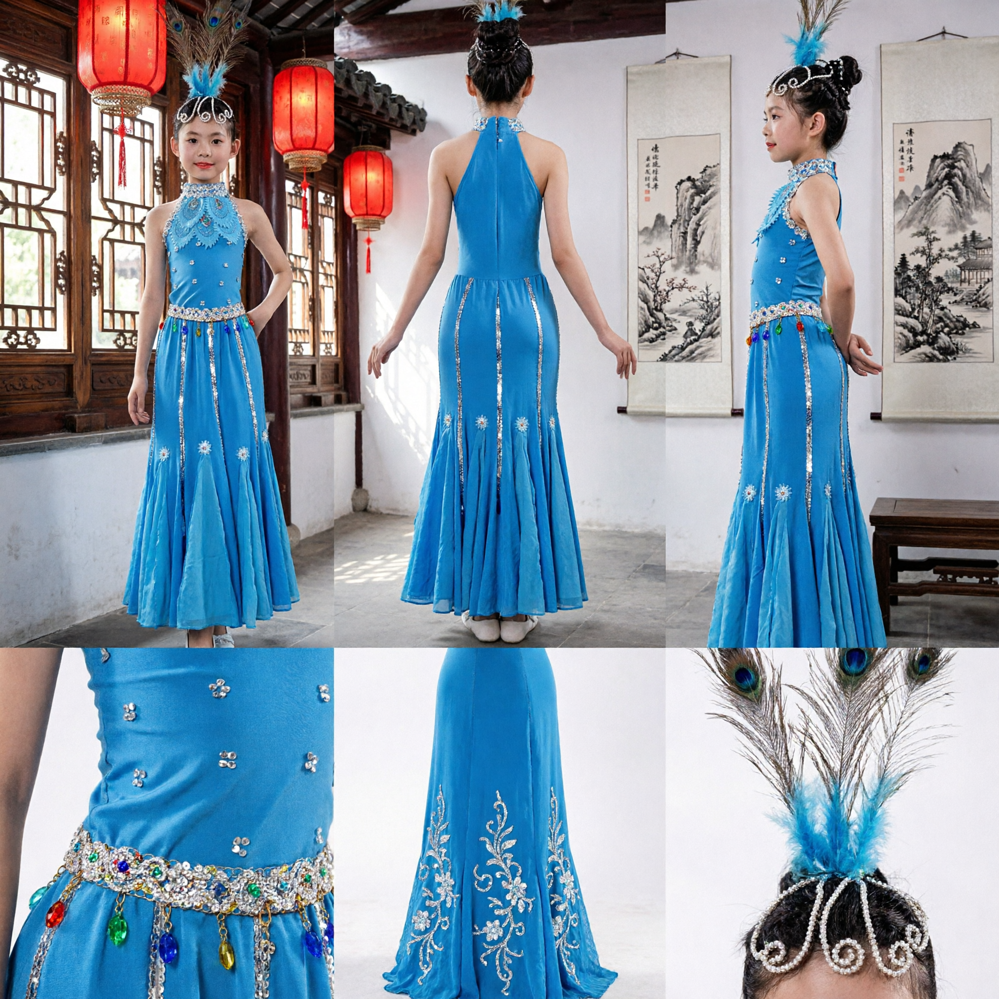 Children Blue Peacock Dance Costume Traditional Chinese Dai Minority Folk Dress for Girls Stage Performance with Feather Headpiece