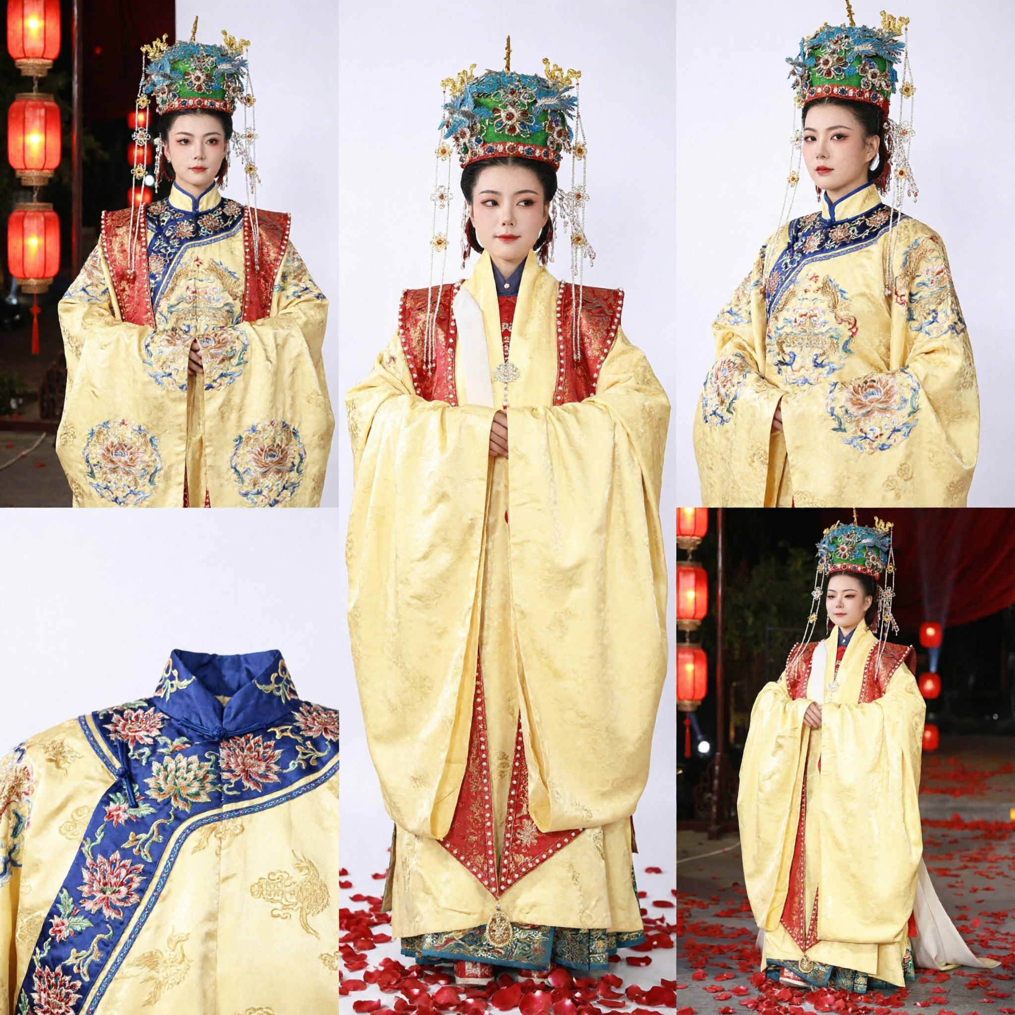 Traditional Chinese Hanfu Wedding Dress Ming Dynasty Yellow Pifeng Robe with Phoenix Crown for Bride