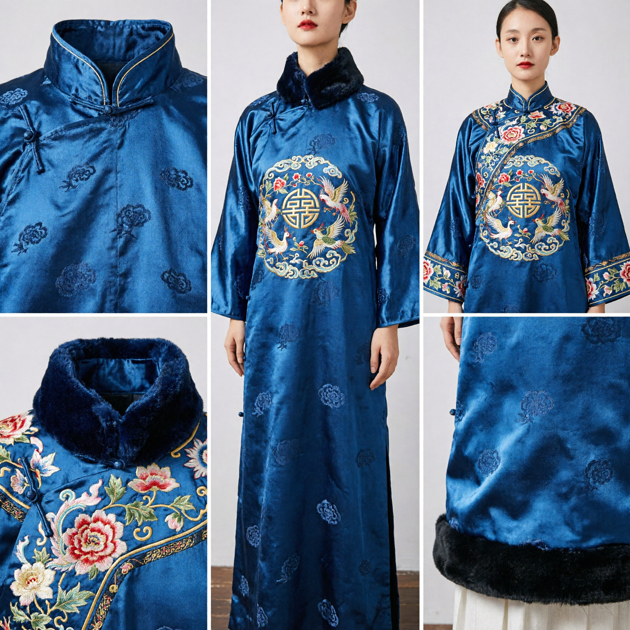 Royal Blue Traditional Chinese Hanfu Cloak with Black Faux Fur Trim Winter Cape for Women