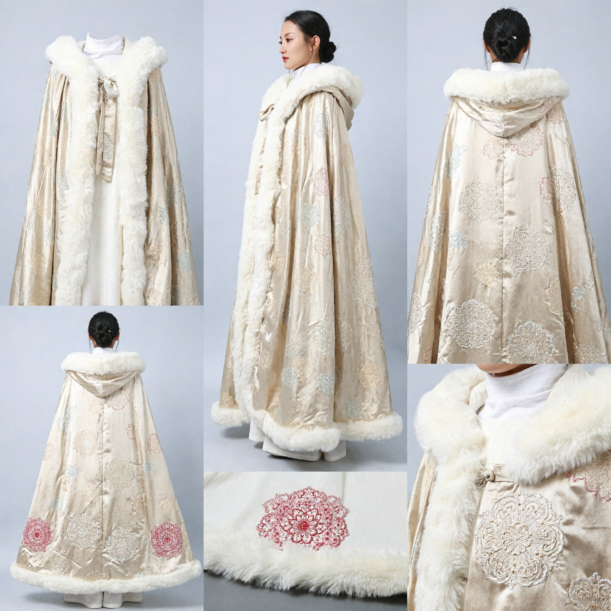 Ancient Chinese Hanfu Winter Cloak Cream Fur Trimmed Cape Traditional Ming Dynasty Cosplay Costume for Women
