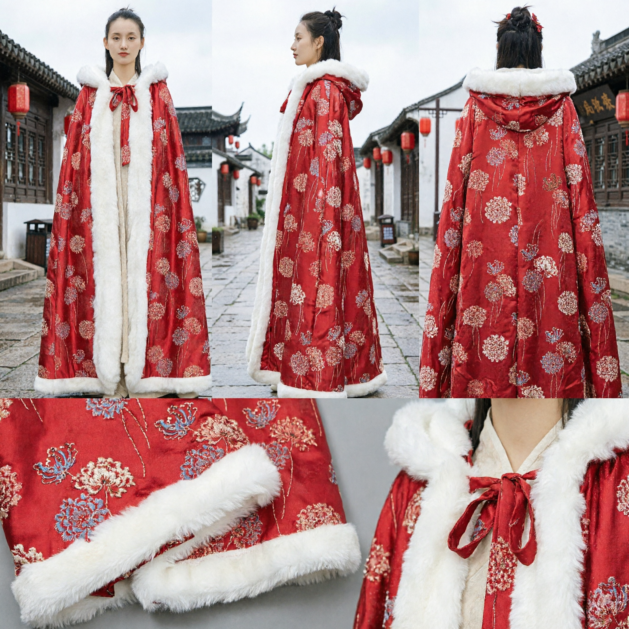 Chinese Traditional Hanfu Red Cloak Winter Fur Lined Cape Brocade Ancient Costume for Women