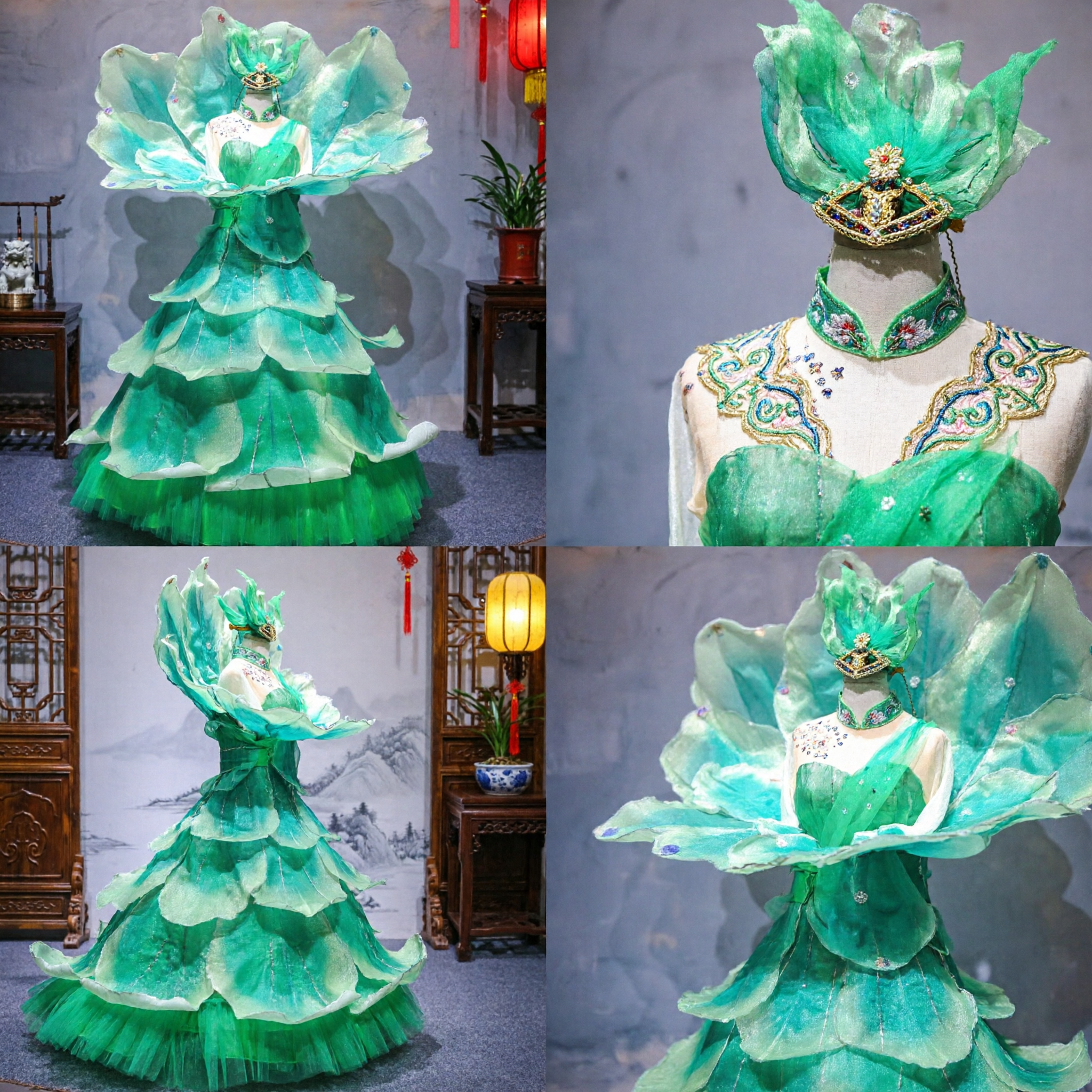 Professional Green Lotus Flower Dance Dress Stage Performance Costume for Women Folk Dance Show