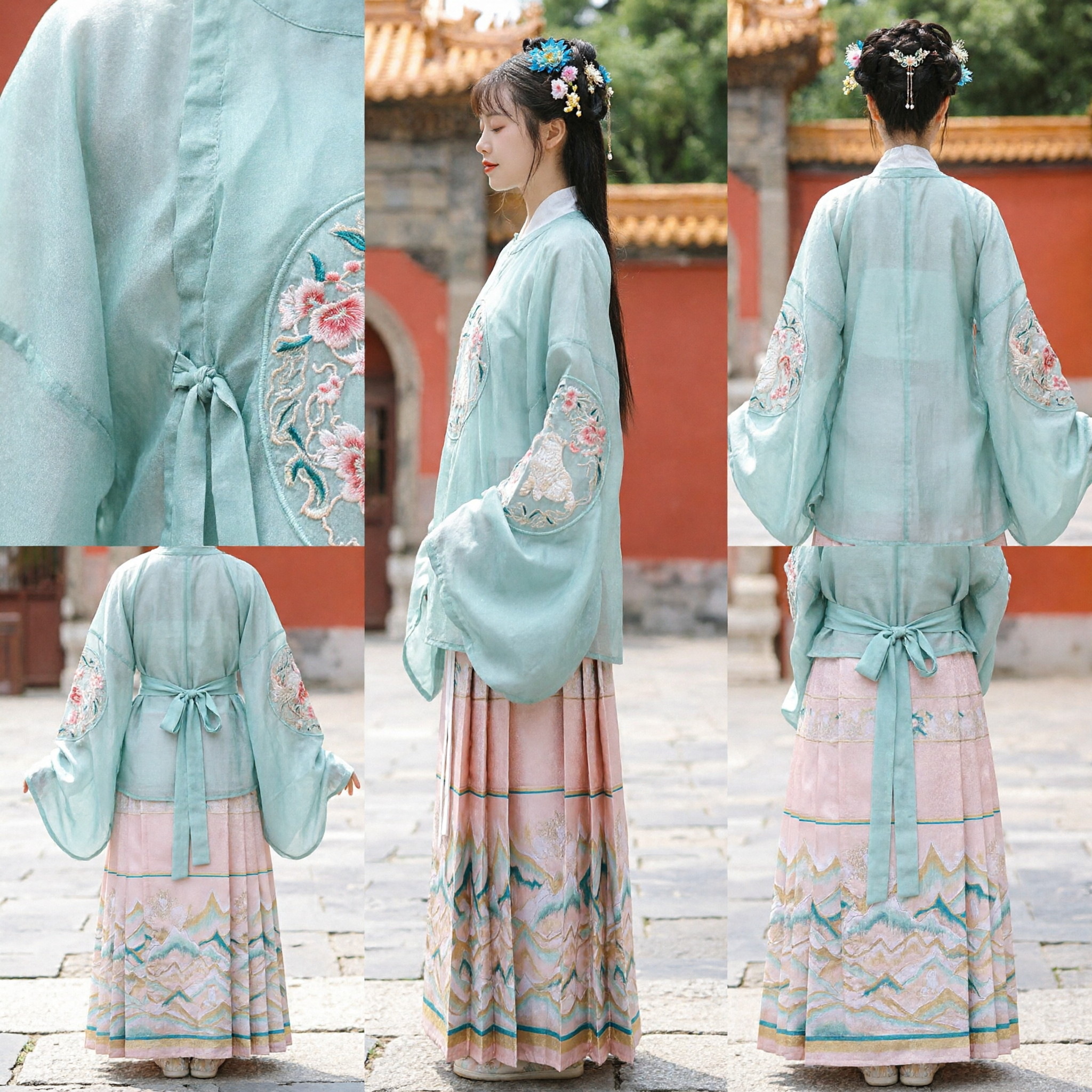 Ancient Chinese Hanfu Costume Ming Dynasty Style Mint Green Rabbit Embroidery Top and Pink Pleated Skirt for Women