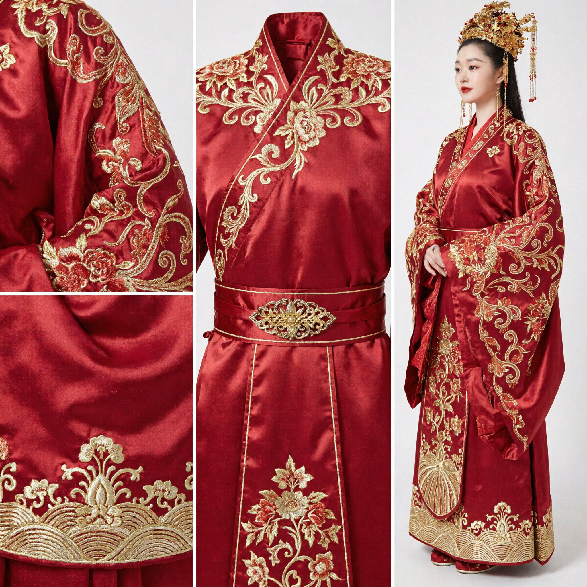 Exquisite Traditional Chinese Wedding Dress Red Xiuhe Suit with Gold Embroidery and Phoenix Crown for Bride