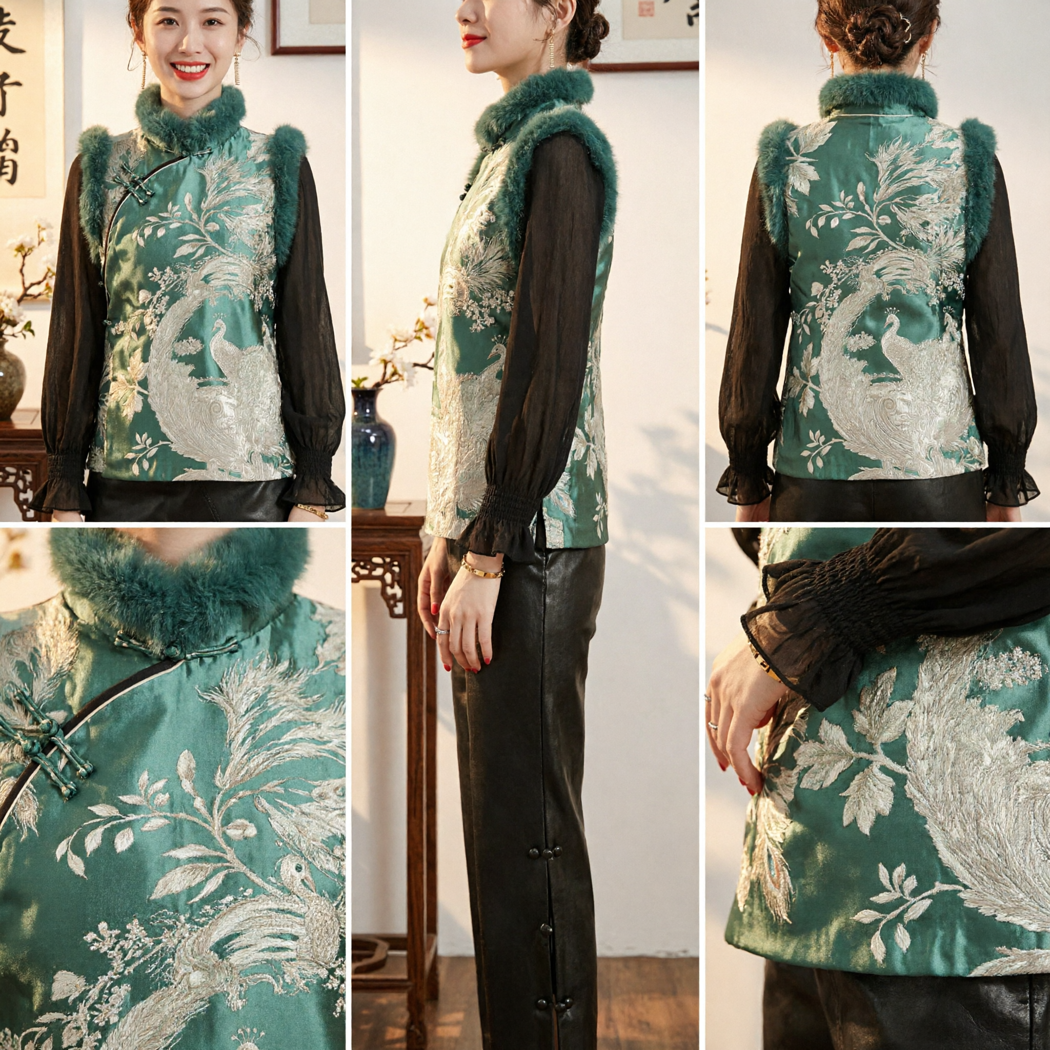 Women's Chinese Traditional Silk Vest Green Peacock Embroidery Fur Collar Tang Suit Top Elegant Autumn Winter Outfit