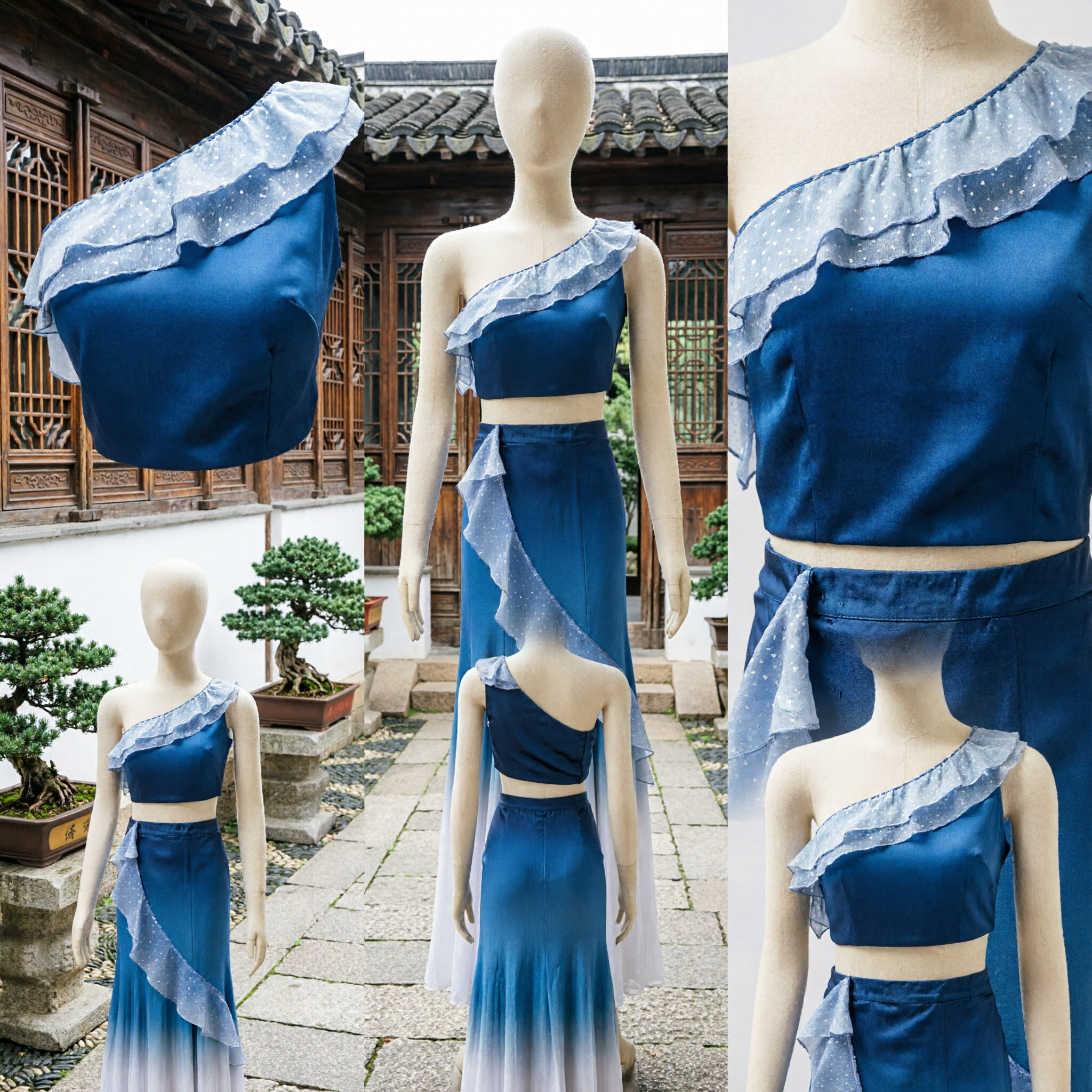 Elegant Blue Gradient One-Shoulder Crop Top and Fishtail Skirt Set for Women Lyrical Dance Stage Performance