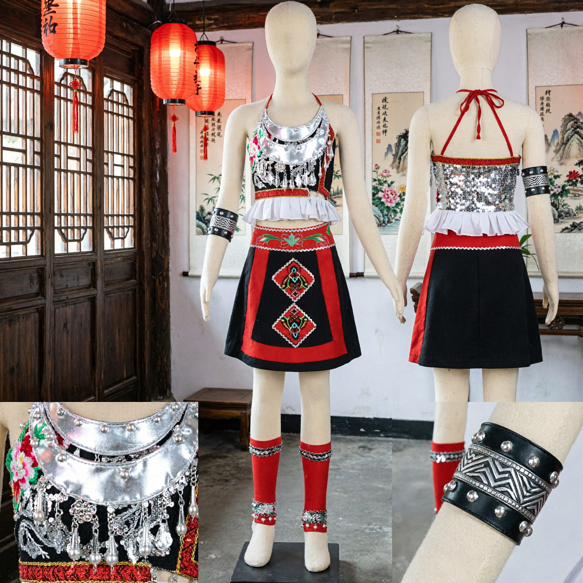 Traditional Chinese Miao Ethnic Minority Folk Dance Costume Women's Stage Performance Dress Complete Set